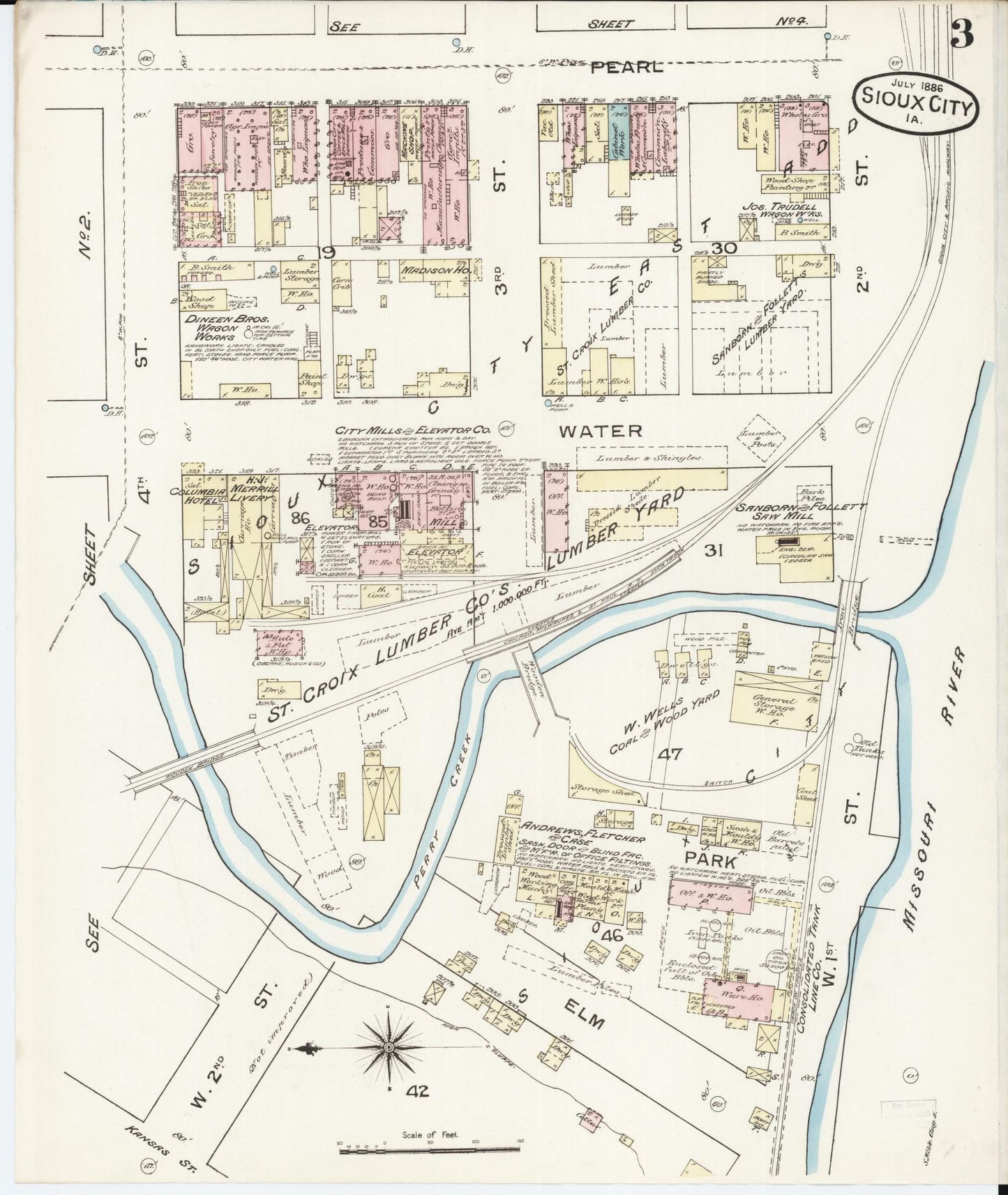 Sanborn Fire Insurance Map from Sioux City, Woodbury County, Iowa (1886), Sheet #0003 - Historic Sanborn Fire Insurance Map Print, vintage old map wall art