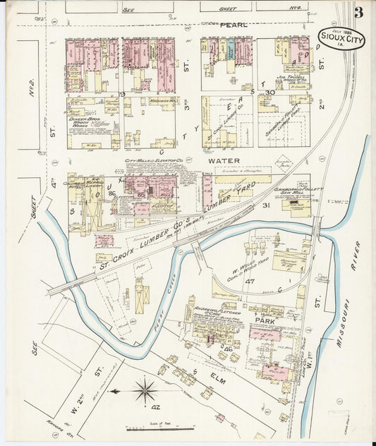 Sanborn Fire Insurance Map from Sioux City, Woodbury County, Iowa (1886), Sheet #0003 - Historic Sanborn Fire Insurance Map Print, vintage old map wall art