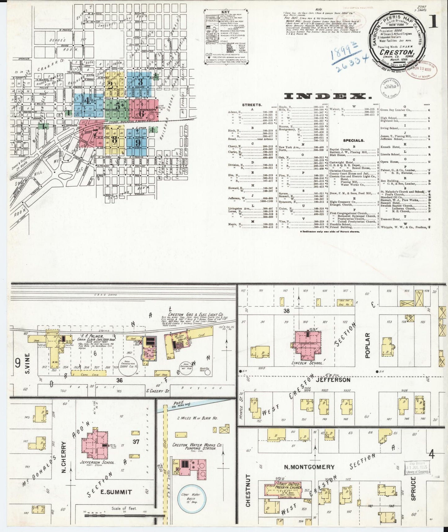Sanborn Fire Insurance Map from Creston, Union County, Iowa (1899), Sheet #0001 - Historic Sanborn Fire Insurance Map Print, vintage old map wall art