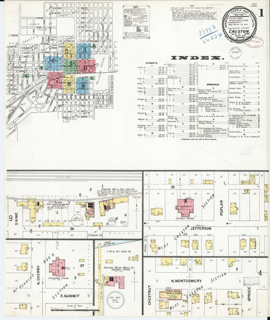Sanborn Fire Insurance Map from Creston, Union County, Iowa (1899), Sheet #0001 - Historic Sanborn Fire Insurance Map Print, vintage old map wall art