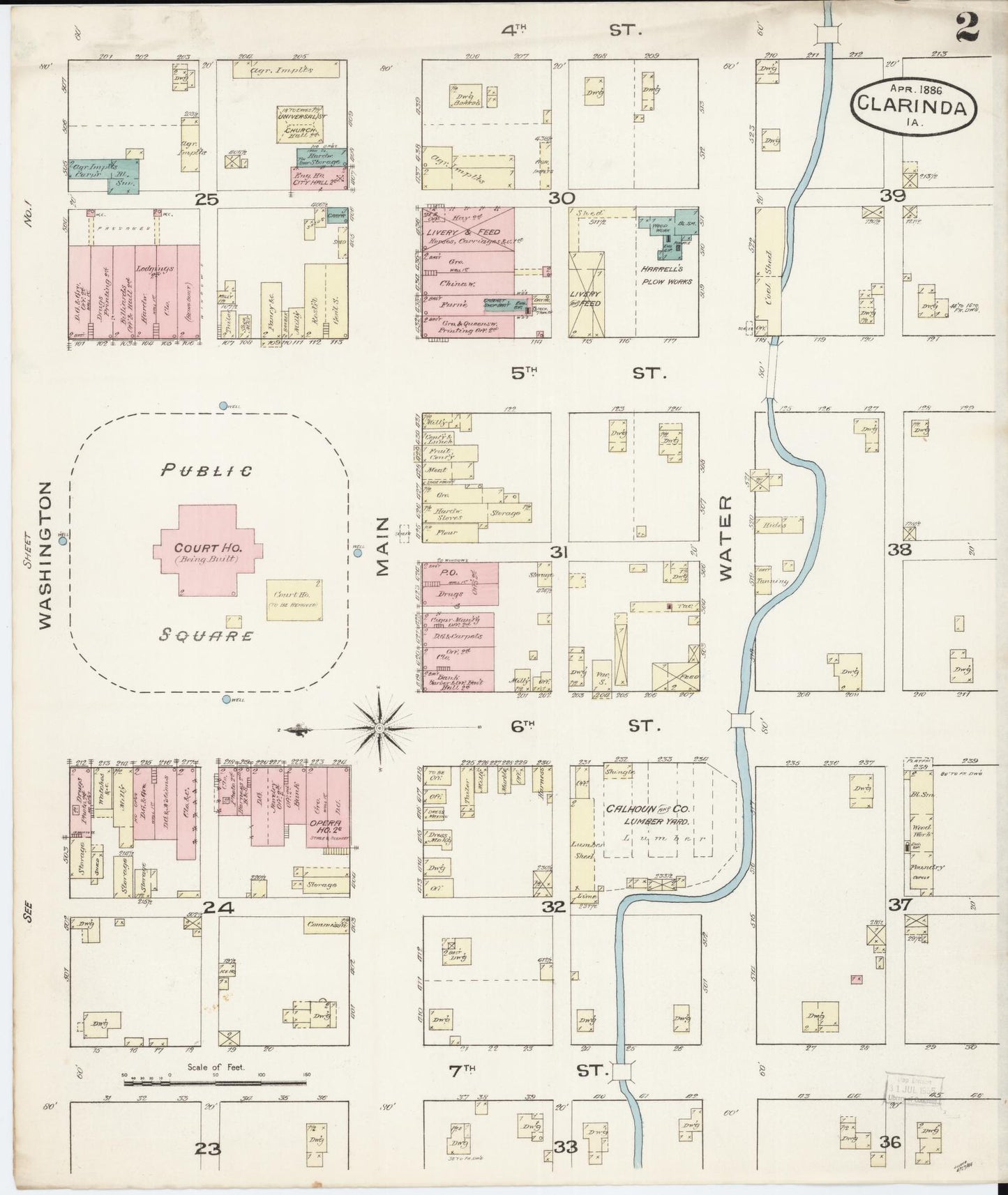 Sanborn Fire Insurance Map from Clarinda, Page County, Iowa (1886), Sheet #0002 - Historic Sanborn Fire Insurance Map Print, vintage old map wall art