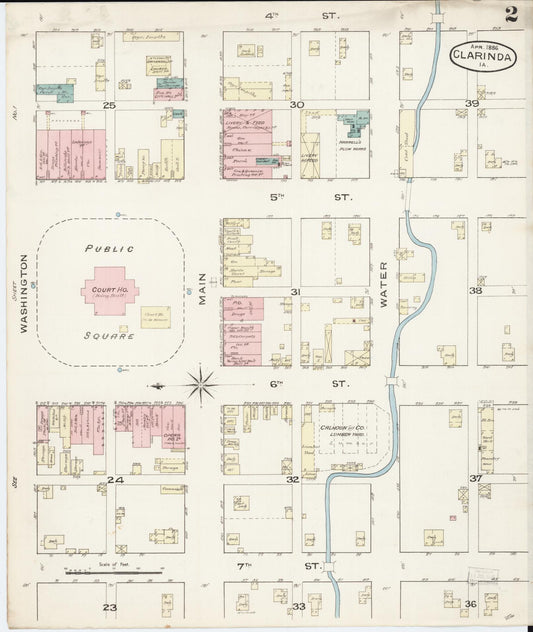 Sanborn Fire Insurance Map from Clarinda, Page County, Iowa (1886), Sheet #0002 - Historic Sanborn Fire Insurance Map Print, vintage old map wall art