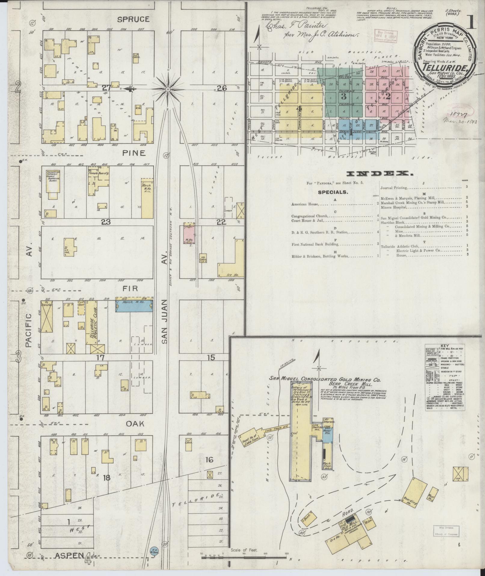 Sanborn Fire Insurance Map from Telluride, San Miguel County, Colorado (1893), Sheet #0001 - Complete Map Set gallery image, historic Sanborn map, vintage wall art, Colorado Colorado