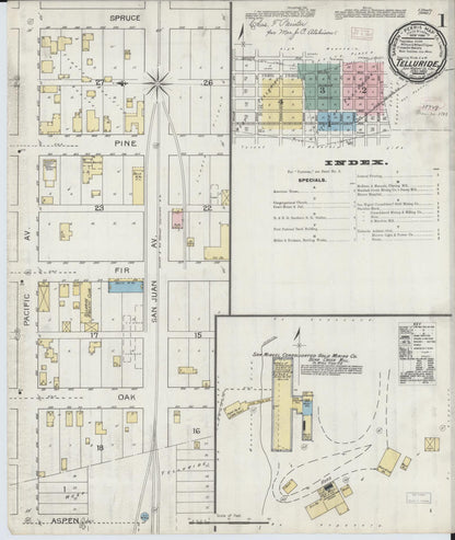 Sanborn Fire Insurance Map from Telluride, San Miguel County, Colorado (1893), Sheet #0001 - Complete Map Set gallery image, historic Sanborn map, vintage wall art, Colorado Colorado