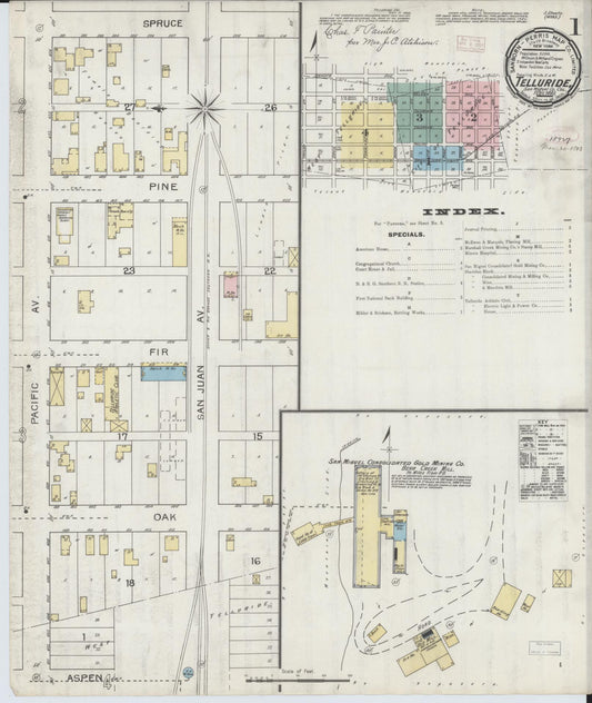 Sanborn Fire Insurance Map from Telluride, San Miguel County, Colorado (1893), Sheet #0001 - Complete Map Set gallery image, historic Sanborn map, vintage wall art, Colorado Colorado