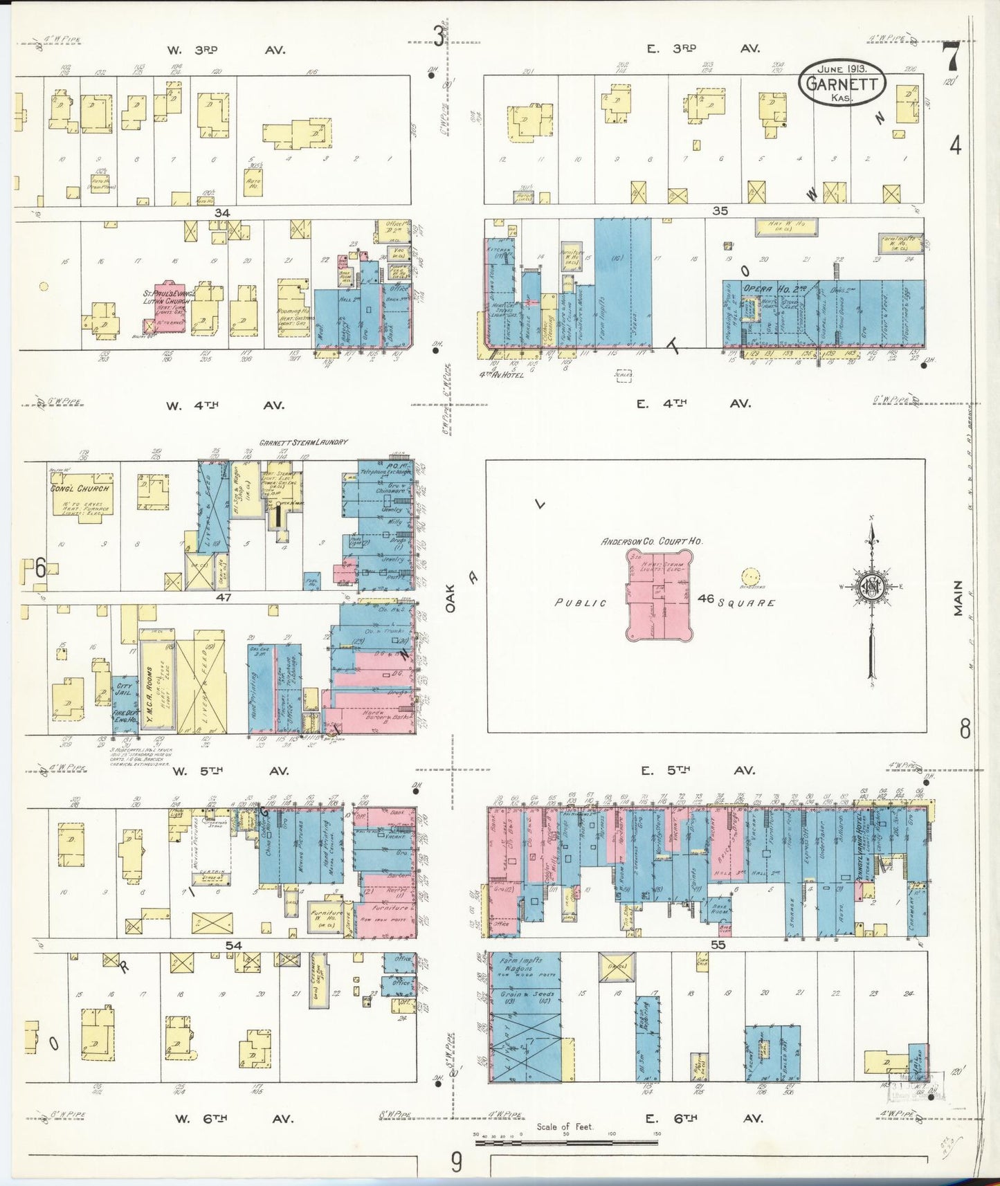 Sanborn Fire Insurance Map from Garnett, Anderson County, Kansas (1913), Sheet #0007 - Complete Map Set gallery image, historic Sanborn map, vintage wall art, Kansas Kansas