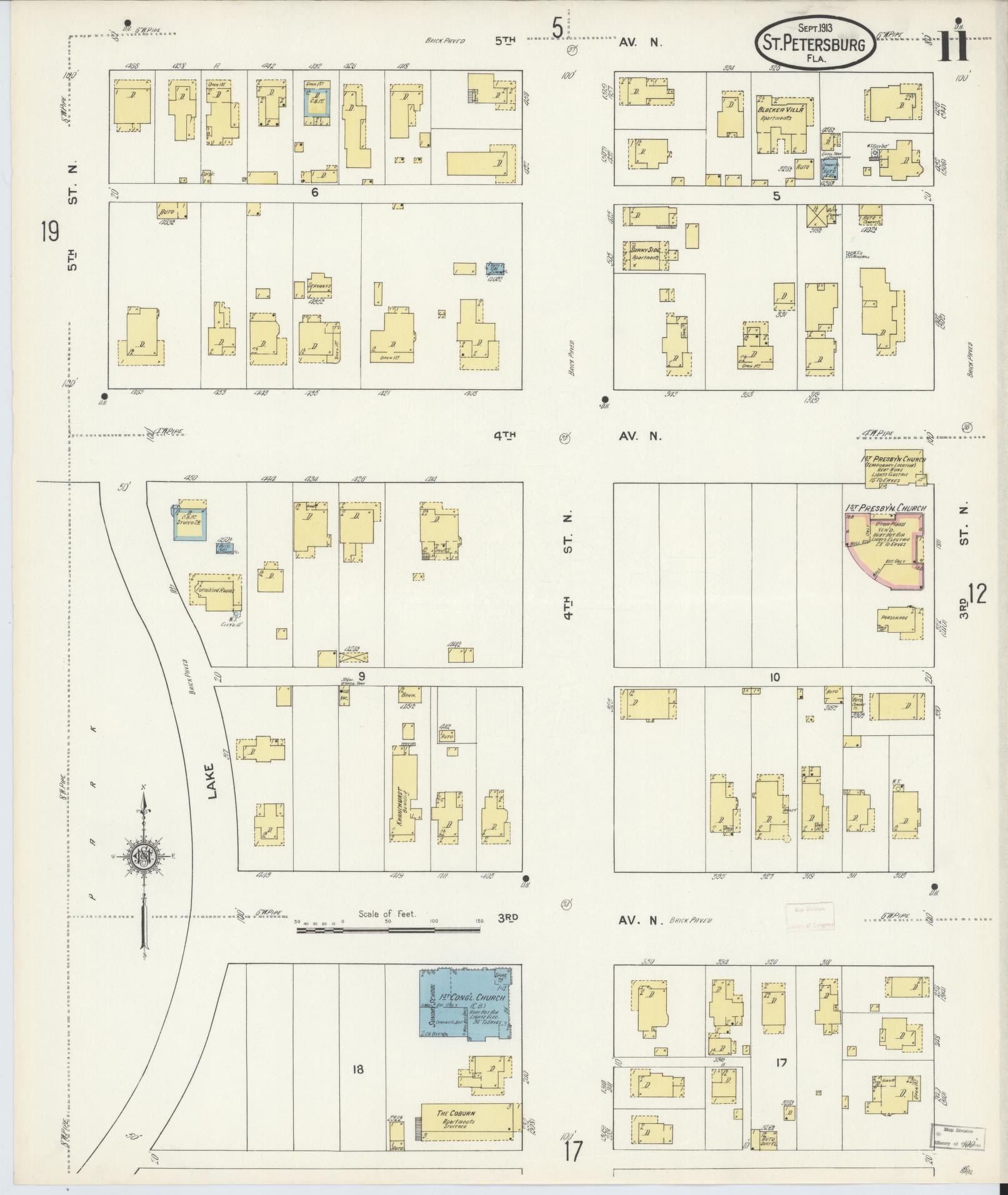 Sanborn Fire Insurance Map from Saint Petersburg, Pinellas County, Florida (1913), Sheet #0011 - Historic Sanborn Fire Insurance Map Print, vintage old map wall art, antique decor, genealogy gift, Florida Florida map