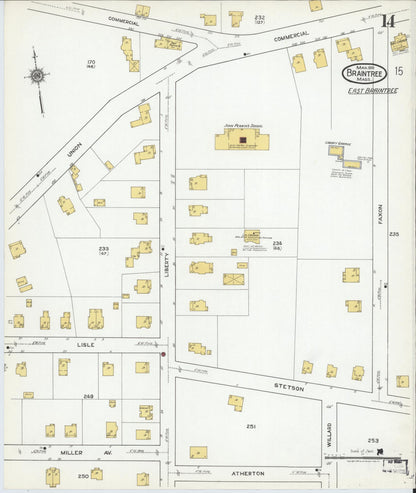 Sanborn Fire Insurance Map from Braintree, Norfolk County, Massachusetts (1919), Sheet #0014 - Historic Sanborn Fire Insurance Map Print, vintage old map wall art, antique decor, genealogy gift, Massachusetts Massachusetts map