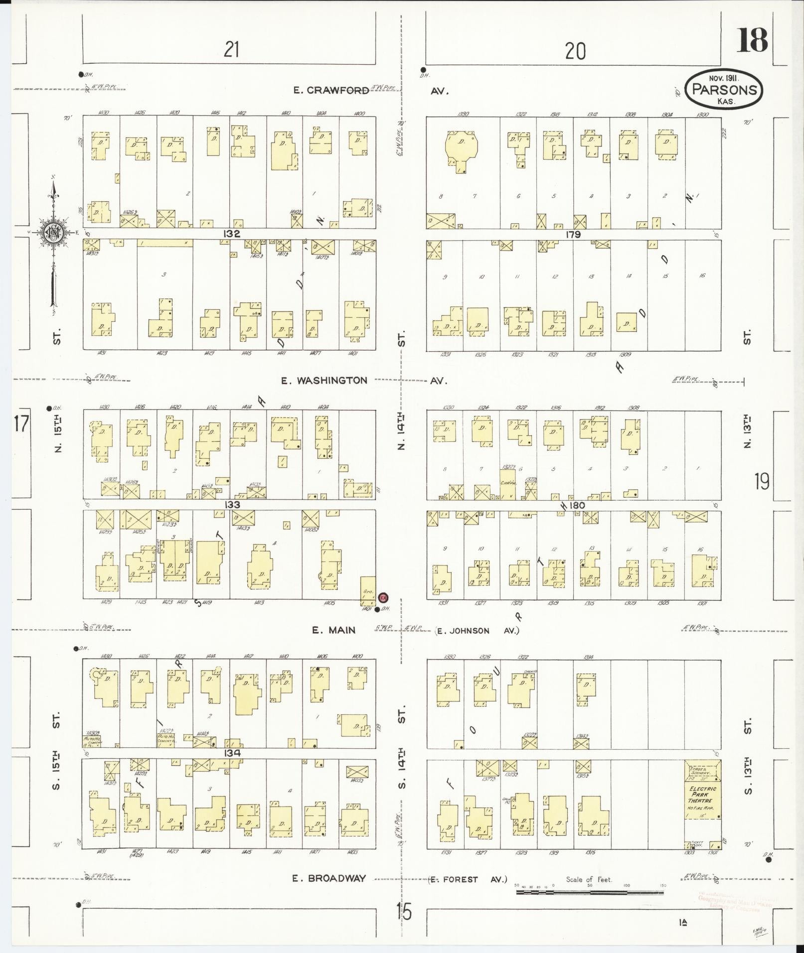 Sanborn Fire Insurance Map from Parsons, Labette County, Kansas (1911), Sheet #0018 - Complete Map Set gallery image, historic Sanborn map, vintage wall art, Kansas Kansas
