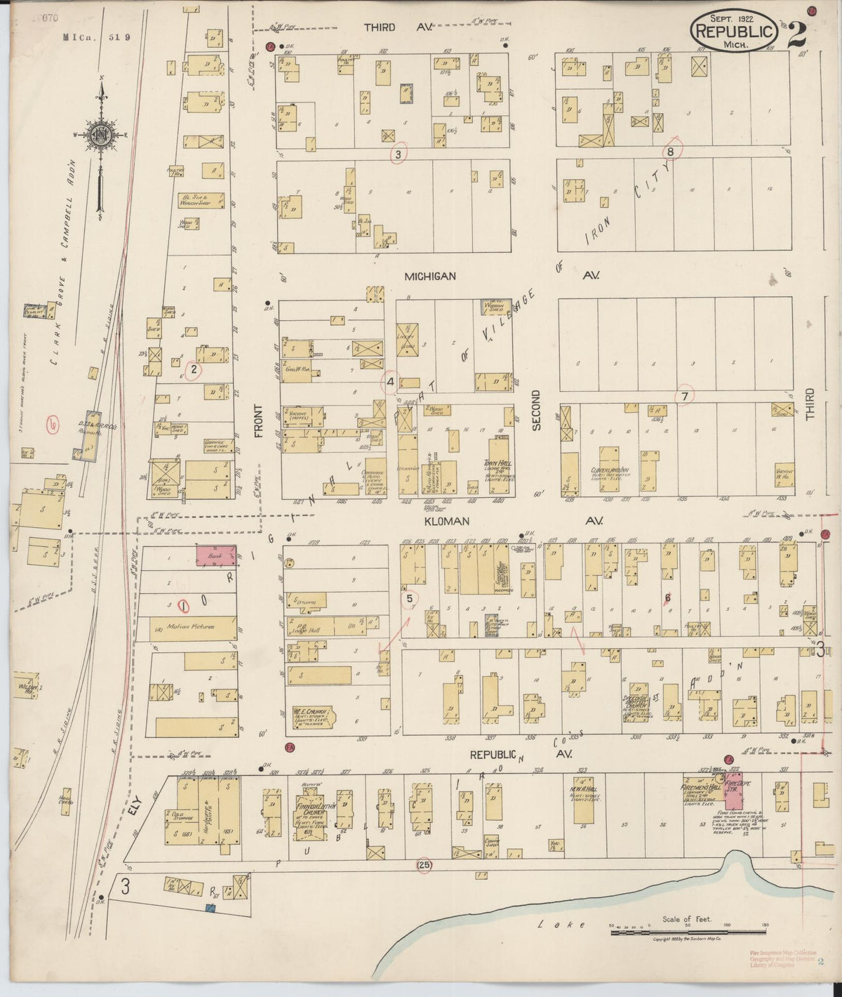 Sanborn Fire Insurance Map from Republic, Marquette County, Michigan (1922), Sheet #0002 - Historic Sanborn Fire Insurance Map Print, vintage old map wall art, antique decor, genealogy gift, Michigan Michigan map