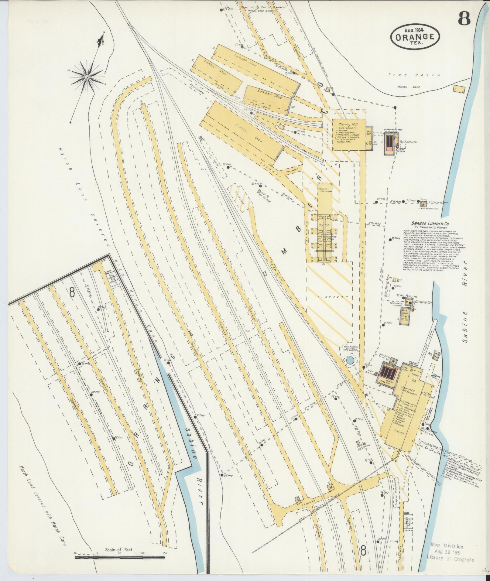 Sanborn Fire Insurance Map from Orange, Orange County, Texas (1904), Sheet #0008 - Historic Sanborn Fire Insurance Map Print, vintage old map wall art, antique decor, genealogy gift, Texas Texas map