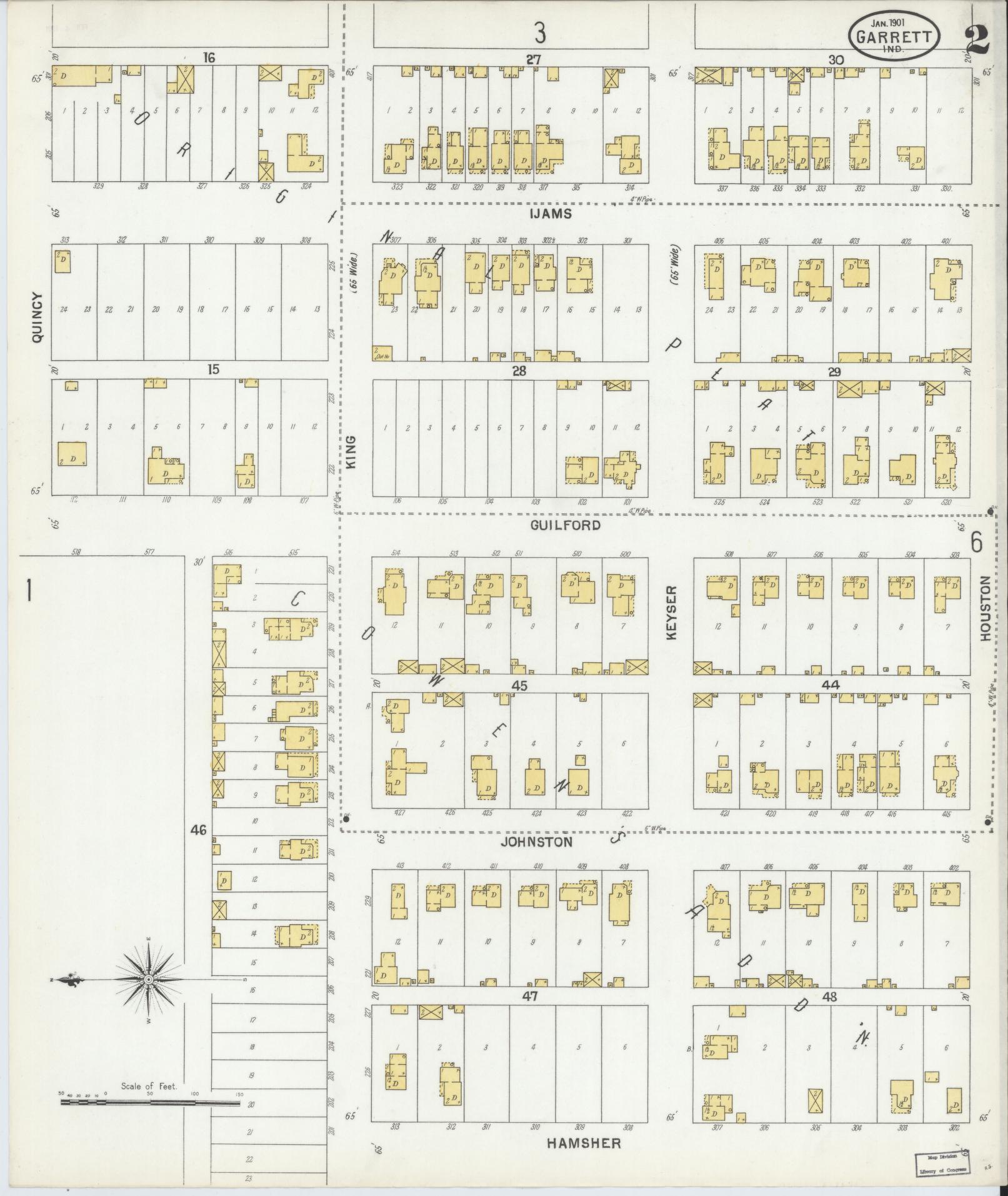 Sanborn Fire Insurance Map from Garrett, De Kalb County, Indiana (1901), Sheet #0002 - Historic Sanborn Fire Insurance Map Print, vintage old map wall art, antique decor, genealogy gift, Indiana Indiana map