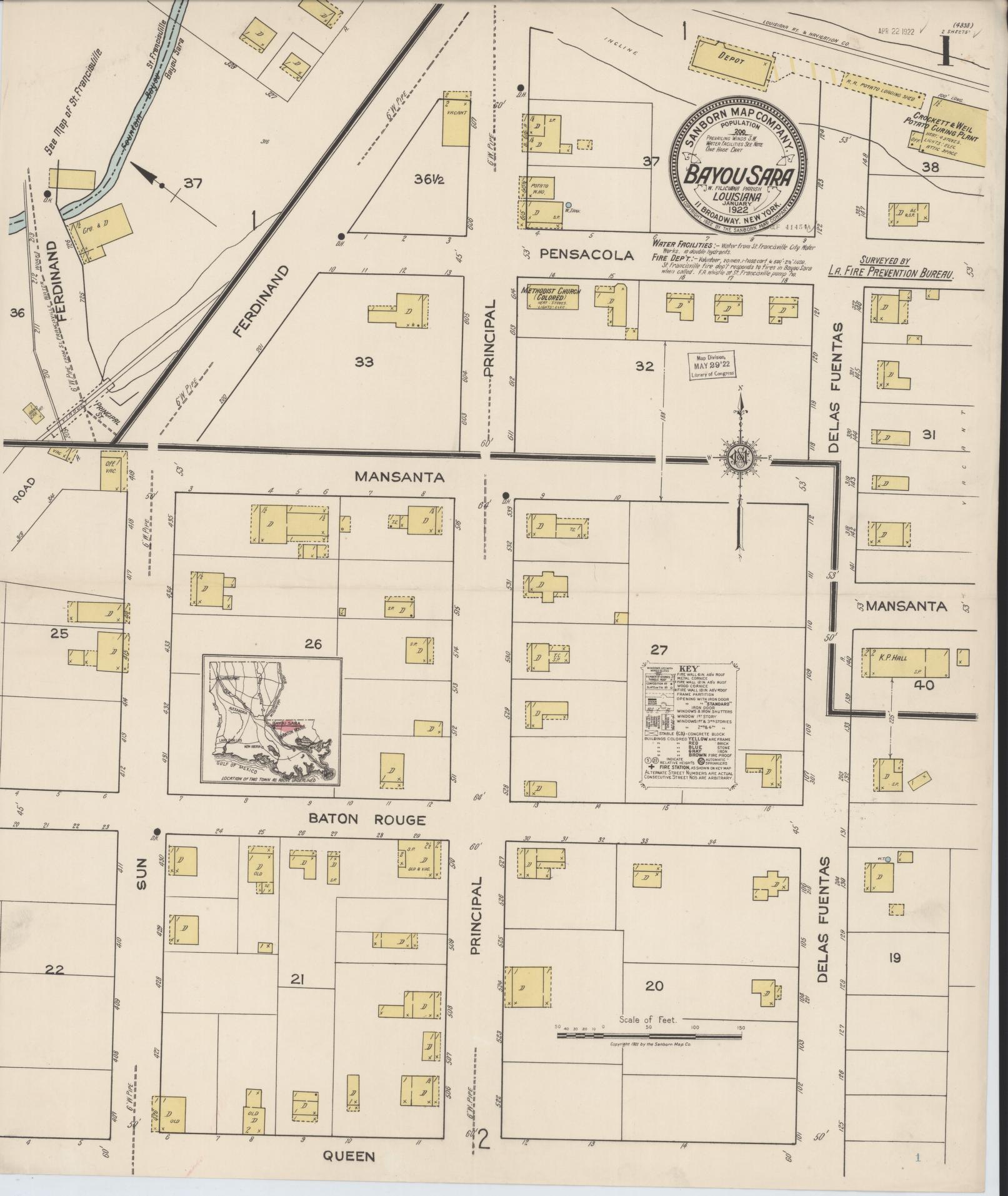 Sanborn Fire Insurance Map from Bayou Sara, West Feliciana Parish, Louisiana (1922), Sheet #0001 - Complete Map Set gallery image, historic Sanborn map, vintage wall art, Louisiana Louisiana