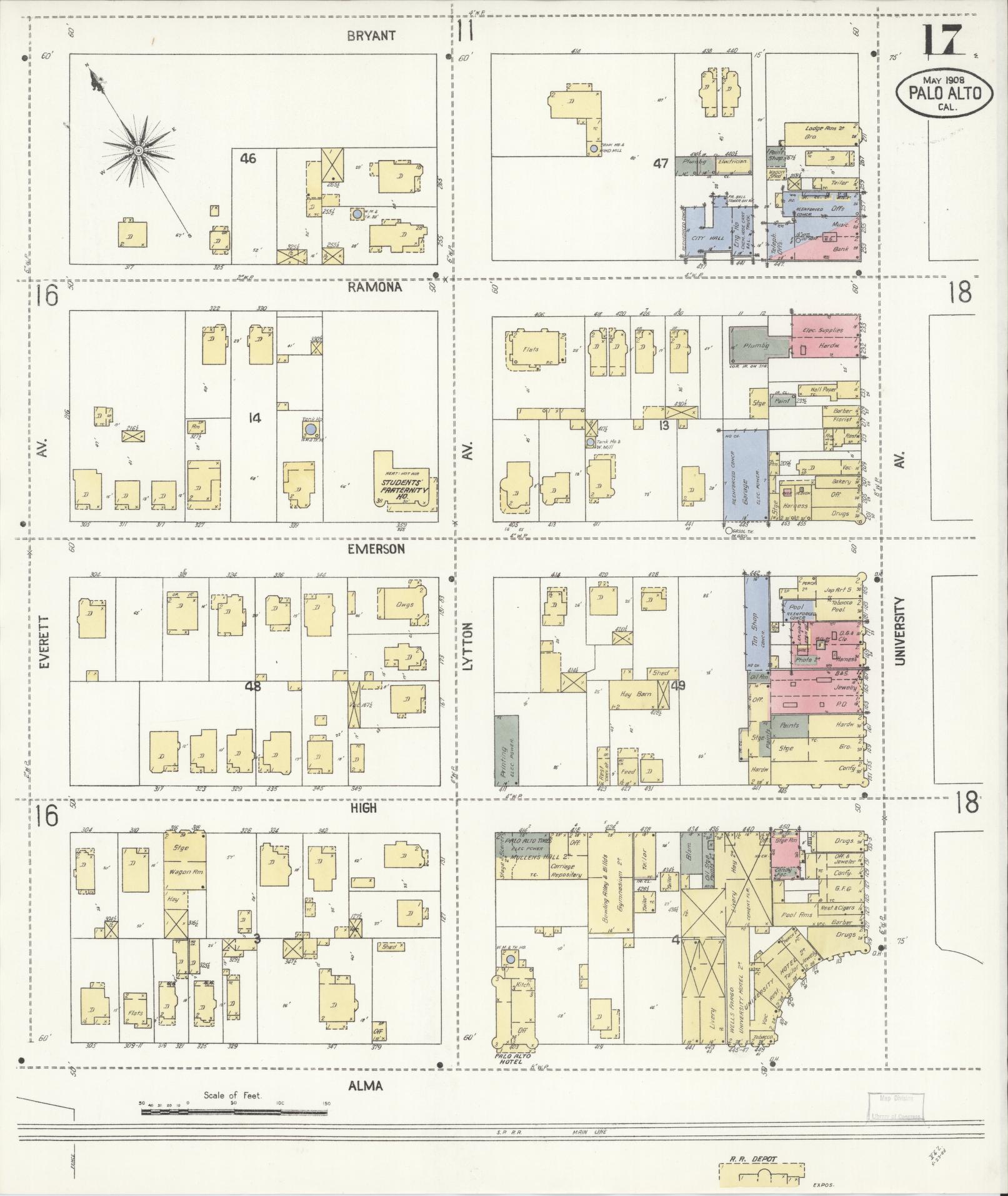 Sanborn Fire Insurance Map from Palo Alto, Santa Clara County, California (1908), Sheet #0017 - Complete Map Set gallery image, historic Sanborn map, vintage wall art, California California