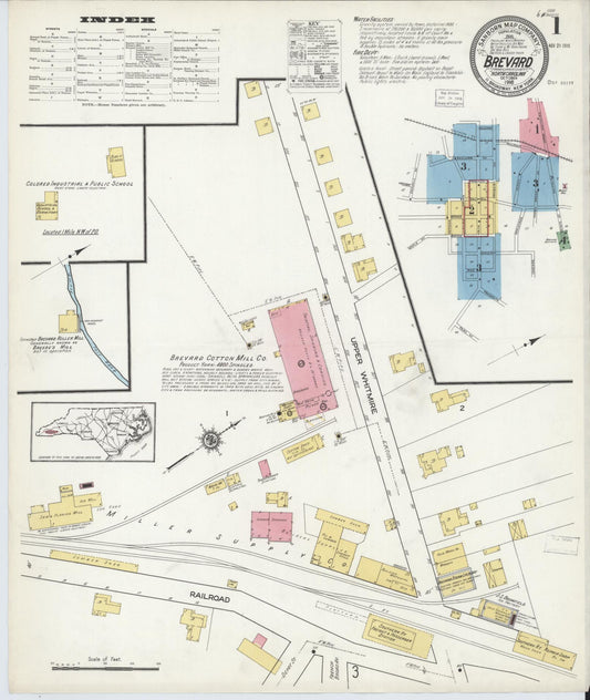 Sanborn Fire Insurance Map from Brevard, Transylvania County, North Carolina (1916), Sheet #0001 - Historic Sanborn Fire Insurance Map Print, vintage old map wall art, antique decor, genealogy gift, North Carolina North Carolina map
