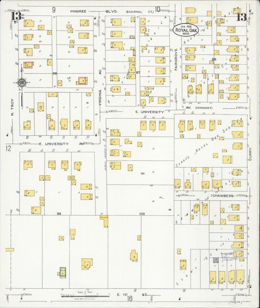 Sanborn Fire Insurance Map from Royal Oak, Oakland County, Michigan (1926), Sheet #0013 - Historic Sanborn Fire Insurance Map Print, vintage old map wall art, antique decor, genealogy gift, Michigan Michigan map