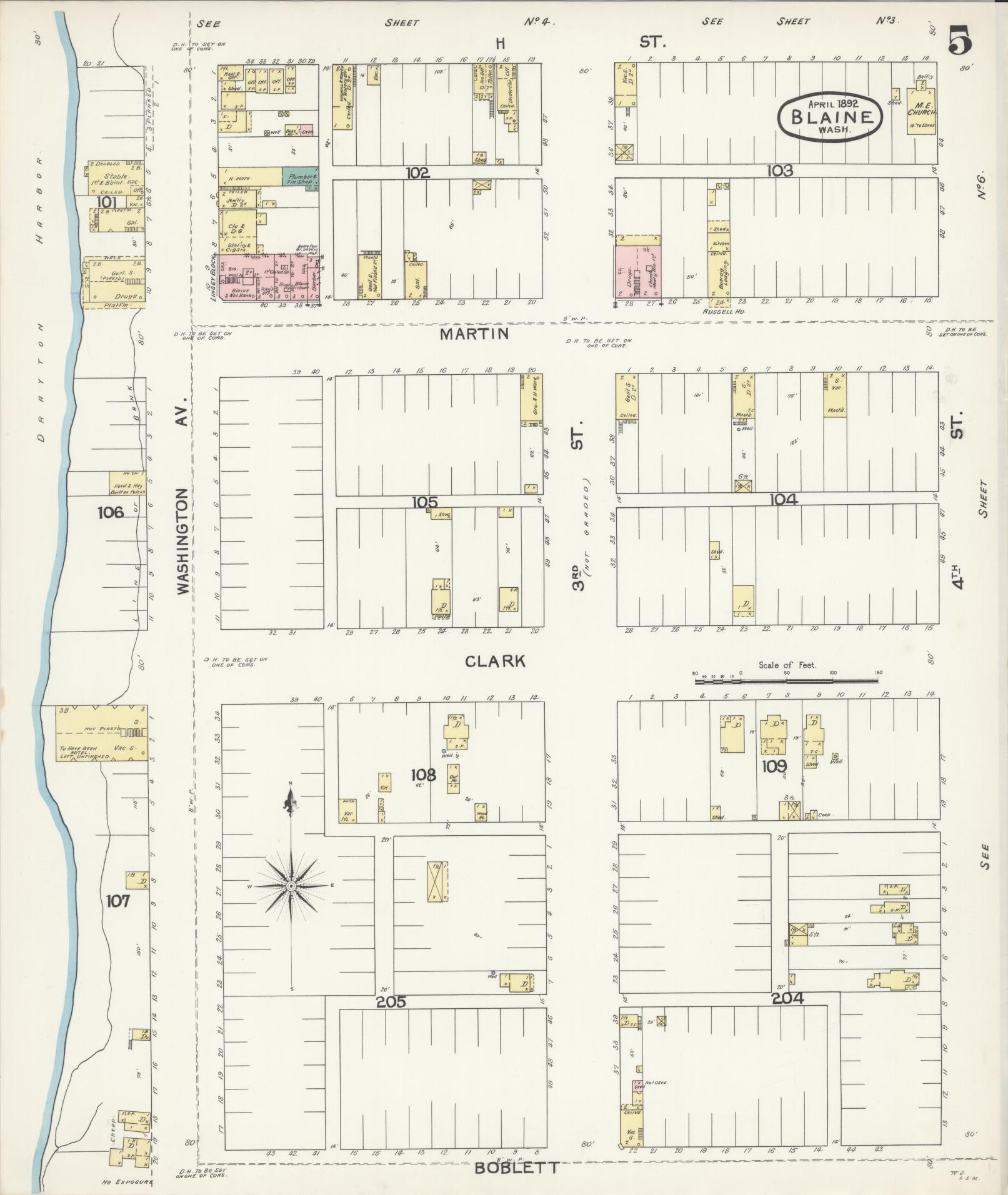 Sanborn Fire Insurance Map from Blaine, Whatcom County, Washington (1892), Sheet #0005 - Historic Sanborn Fire Insurance Map Print, vintage old map wall art, antique decor, genealogy gift, Washington Washington map