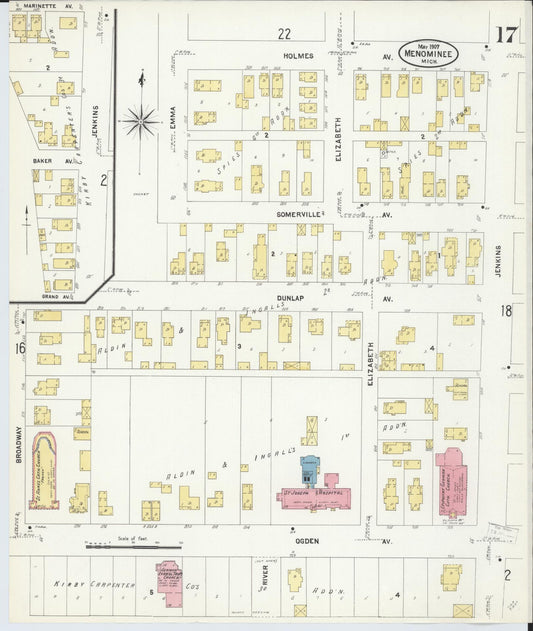 Sanborn Fire Insurance Map from Menominee, Menominee County, Michigan (1907), Sheet #0017 - Historic Sanborn Fire Insurance Map Print, vintage old map wall art, antique decor, genealogy gift, Michigan Michigan map