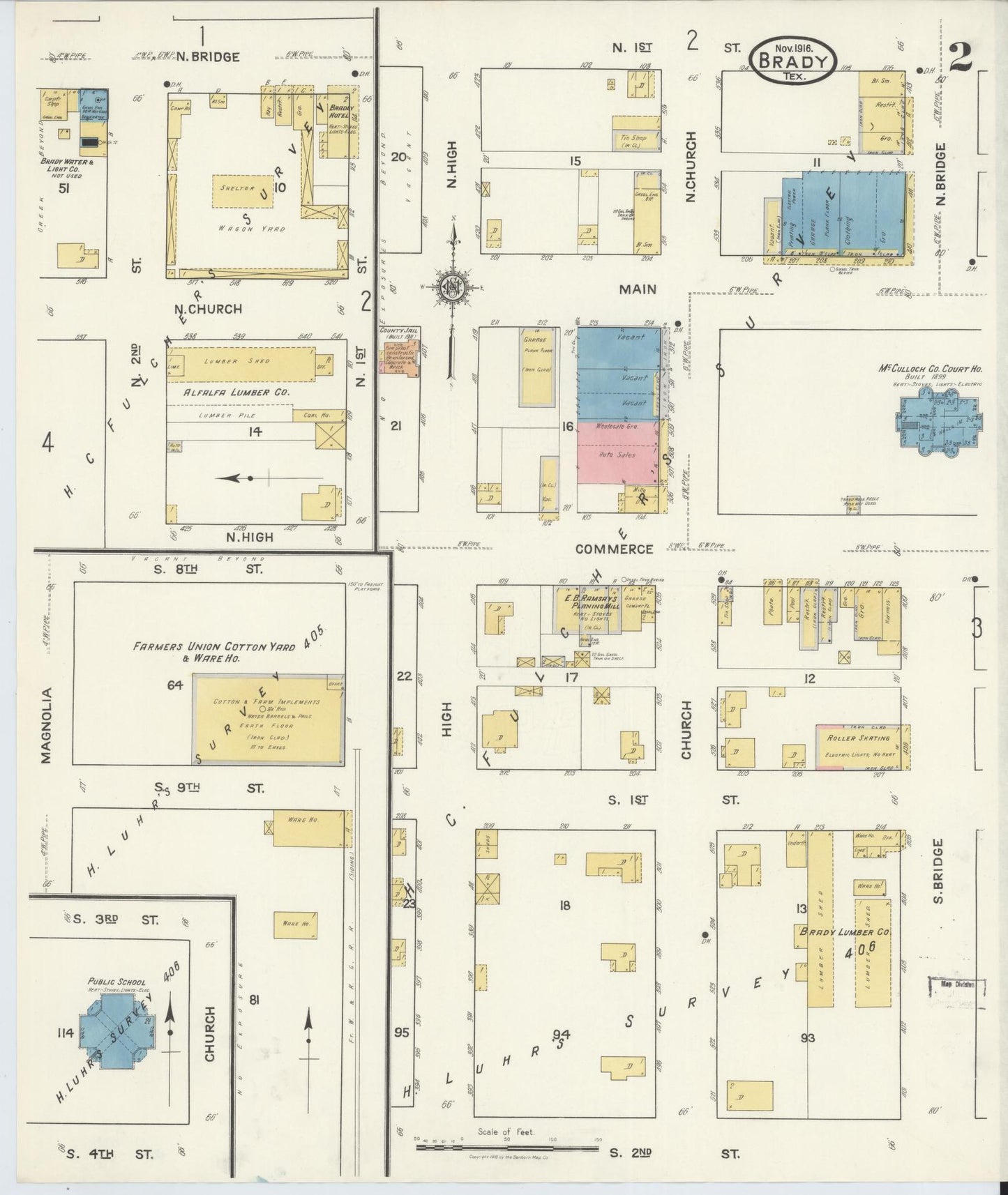 Sanborn Fire Insurance Map from Brady, McCulloch County, Texas (1916), Sheet #0002 - Historic Sanborn Fire Insurance Map Print, vintage old map wall art, antique decor, genealogy gift, Texas Texas map