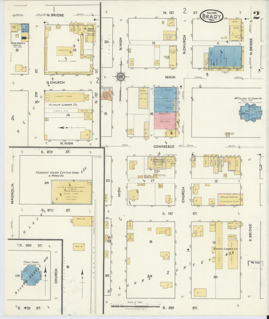 Sanborn Fire Insurance Map from Brady, McCulloch County, Texas (1916), Sheet #0002 - Historic Sanborn Fire Insurance Map Print, vintage old map wall art, antique decor, genealogy gift, Texas Texas map