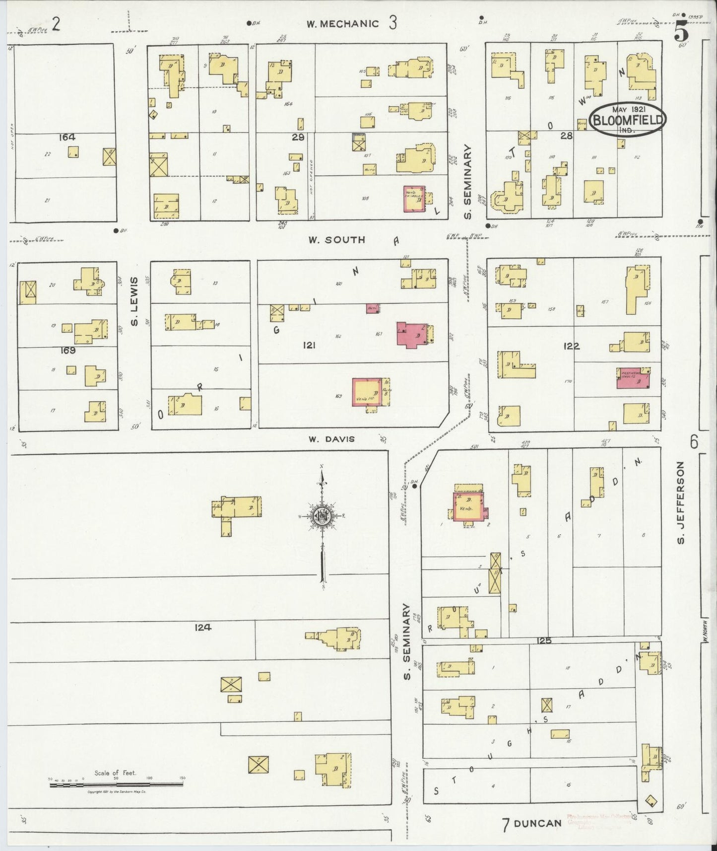 Sanborn Fire Insurance Map from Bloomfield, Greene County, Indiana (1921), Sheet #0005 - Complete Map Set gallery image, historic Sanborn map, vintage wall art, Indiana Indiana