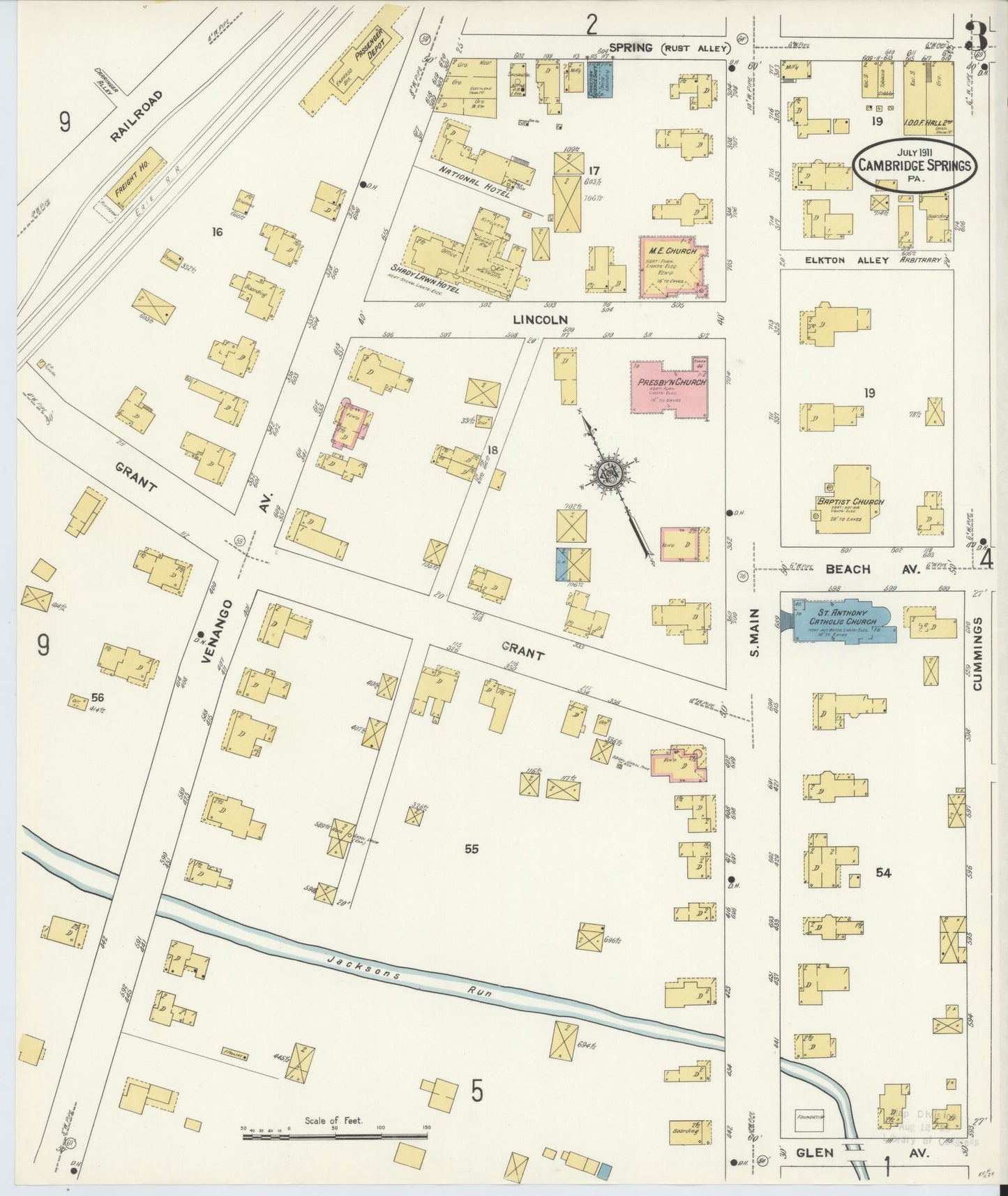 Sanborn Fire Insurance Map from Cambridge Springs, Crawford County, Pennsylvania (1911), Sheet #0003 - Historic Sanborn Fire Insurance Map Print, vintage old map wall art, antique decor, genealogy gift, Pennsylvania Pennsylvania map