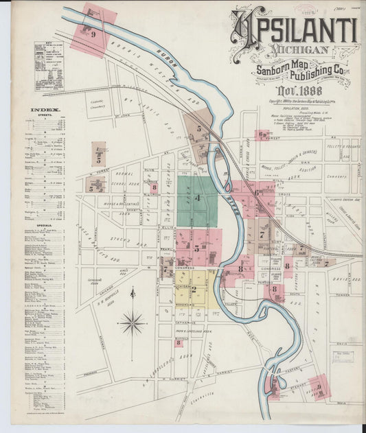 Sanborn Fire Insurance Map from Ypsilanti, Washtenaw County, Michigan (1888), Sheet #0001 - Complete Map Set gallery image, historic Sanborn map, vintage wall art, Michigan Michigan
