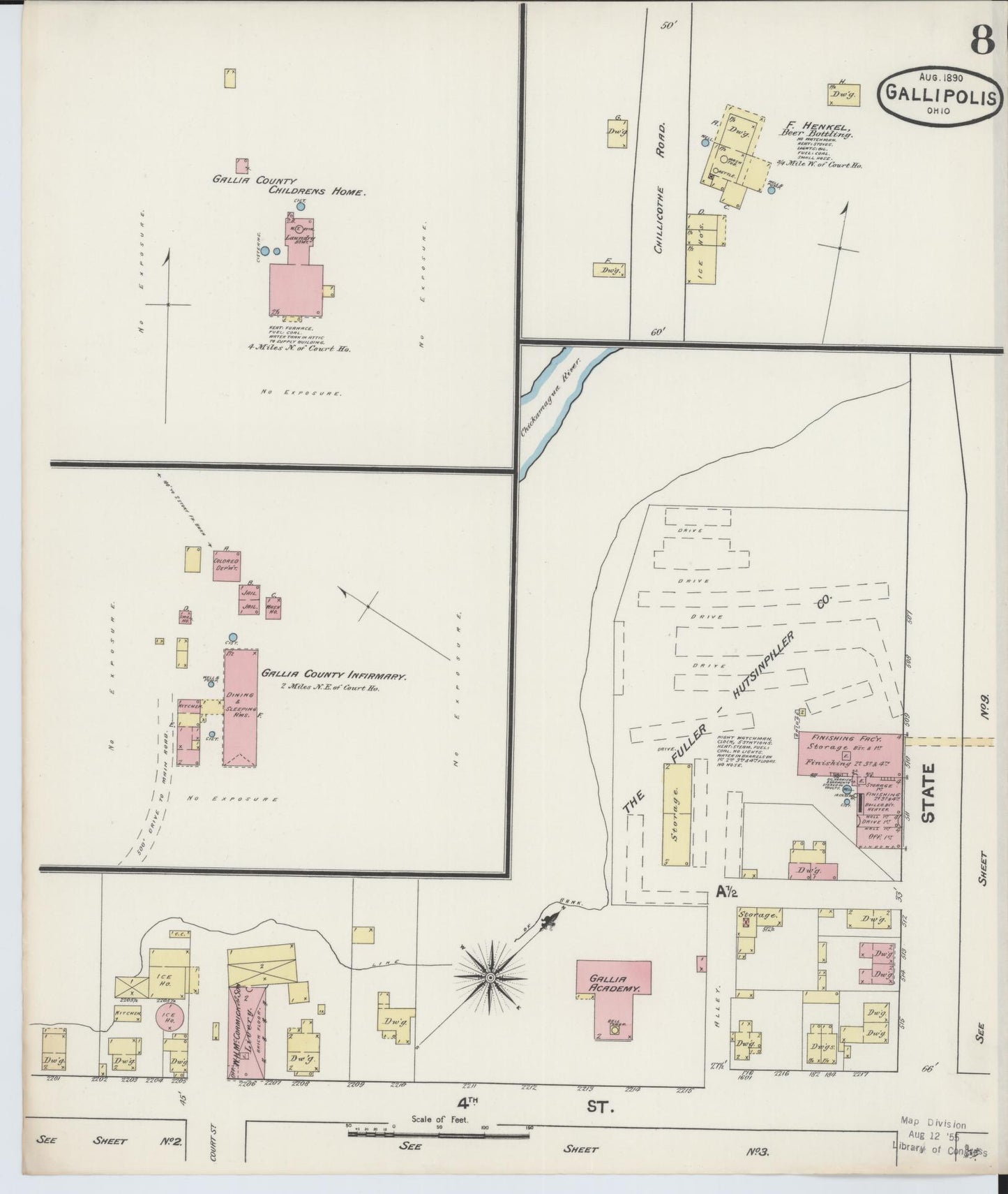 Sanborn Fire Insurance Map from Gallipolis, Gallia County, Ohio (1890), Sheet #0008 - Historic Sanborn Fire Insurance Map Print, vintage old map wall art, antique decor, genealogy gift, Ohio Ohio map