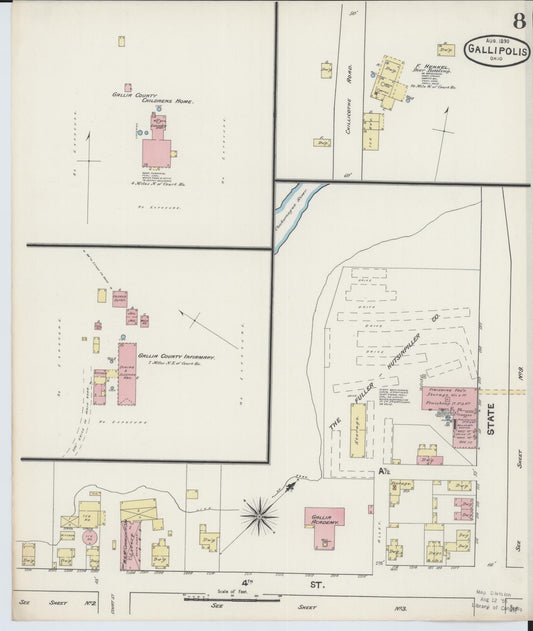 Sanborn Fire Insurance Map from Gallipolis, Gallia County, Ohio (1890), Sheet #0008 - Historic Sanborn Fire Insurance Map Print, vintage old map wall art, antique decor, genealogy gift, Ohio Ohio map