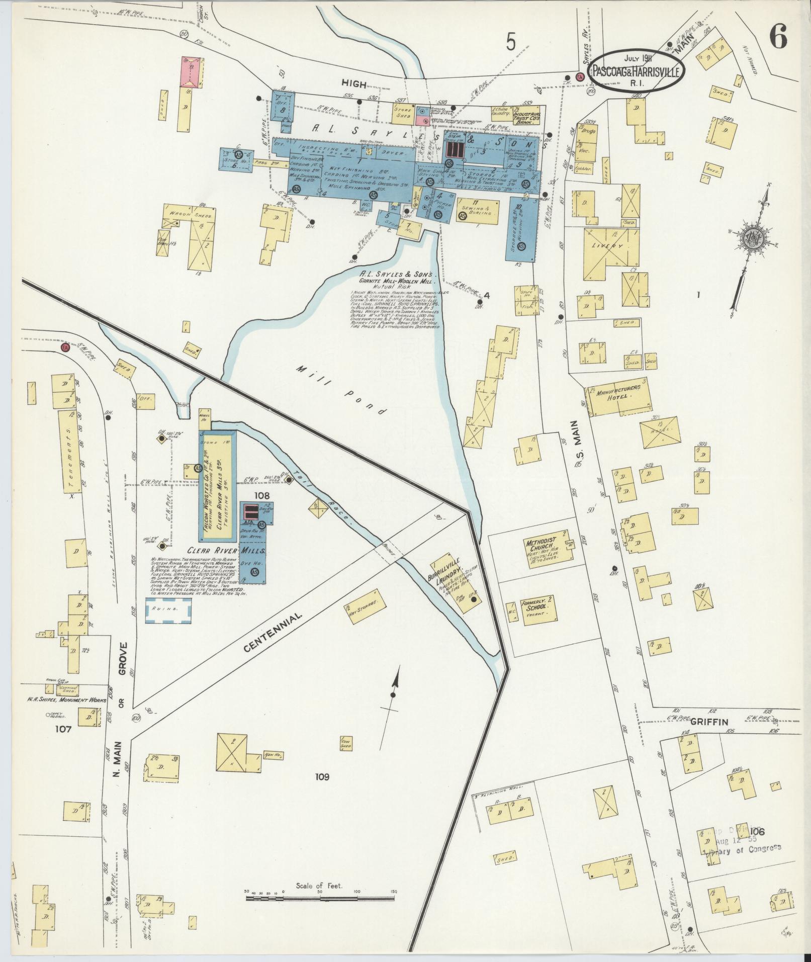 Sanborn Fire Insurance Map from Pascoag, Providence County, Rhode Island (1911), Sheet #0006 - Complete Map Set gallery image, historic Sanborn map, vintage wall art, Rhode Island Rhode Island