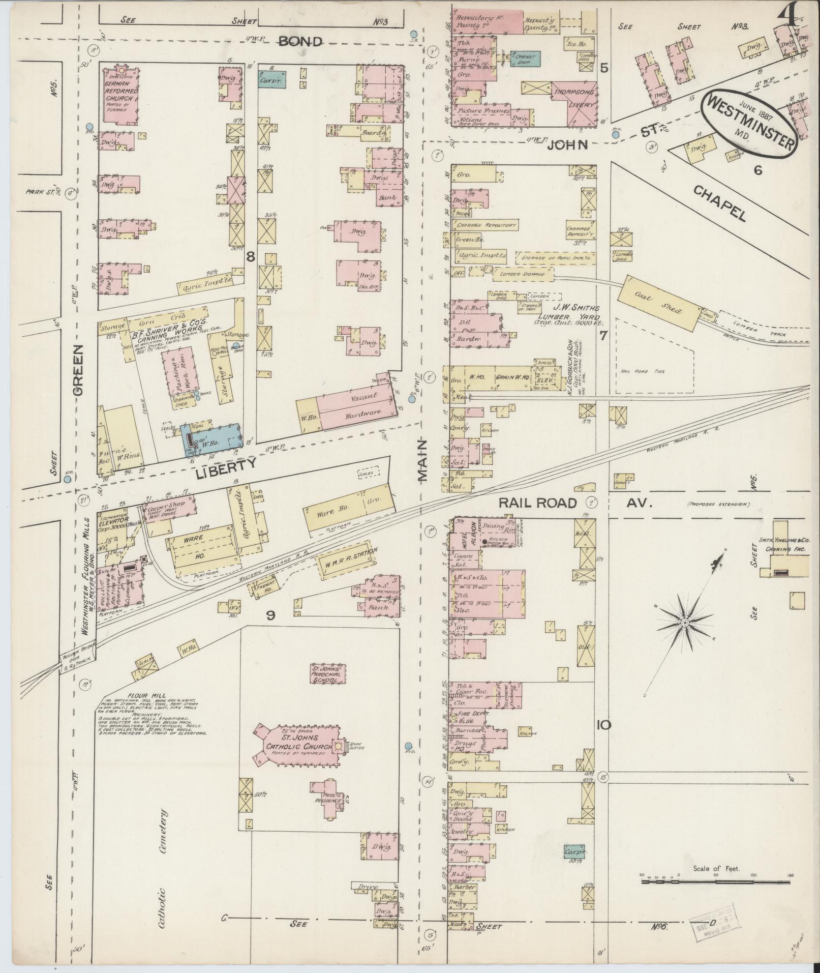 Sanborn Fire Insurance Map from Westminster, Carroll County, Maryland (1887), Sheet #0004 - Historic Sanborn Fire Insurance Map Print, vintage old map wall art, antique decor, genealogy gift, Maryland Maryland map