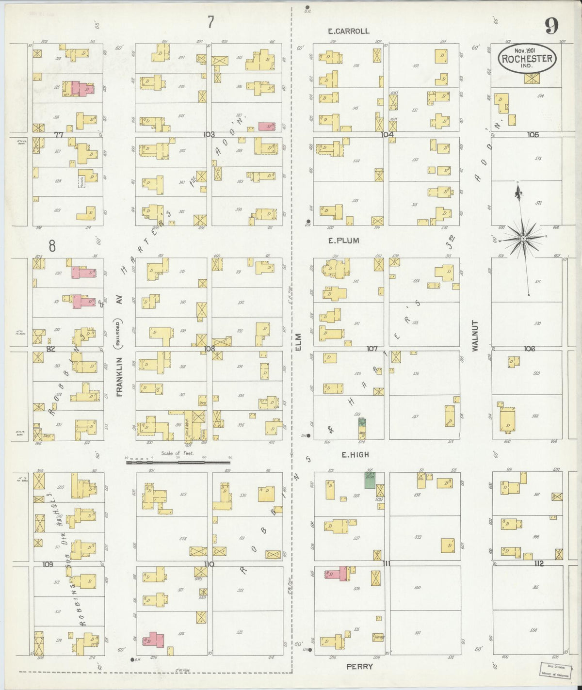 Sanborn Fire Insurance Map from Rochester, Fulton County, Indiana (1901), Sheet #0009 - Historic Sanborn Fire Insurance Map Print, vintage old map wall art, antique decor, genealogy gift, Indiana Indiana map