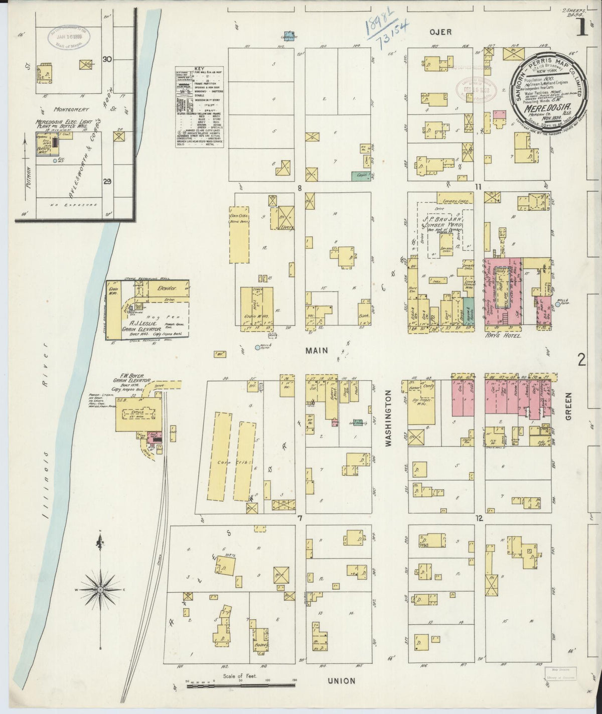 Sanborn Fire Insurance Map from Meredosia, Morgan County, Illinois (1898), Sheet #0001 - Historic Sanborn Fire Insurance Map Print, vintage old map wall art, antique decor, genealogy gift, Illinois Illinois map
