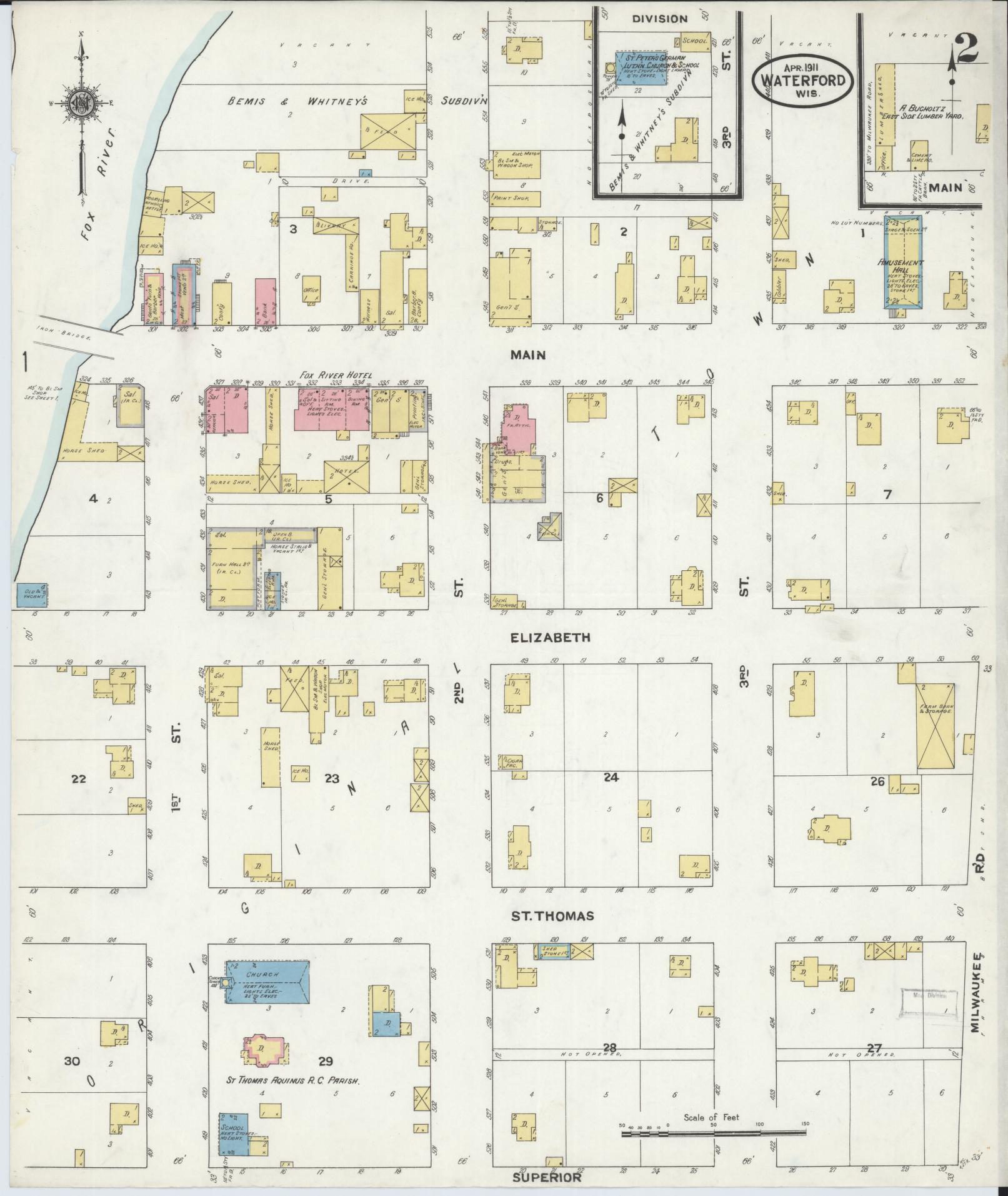 Sanborn Fire Insurance Map from Waterford, Racine County, Wisconsin (1911), Sheet #0002 - Historic Sanborn Fire Insurance Map Print, vintage old map wall art, antique decor, genealogy gift, Wisconsin Wisconsin map