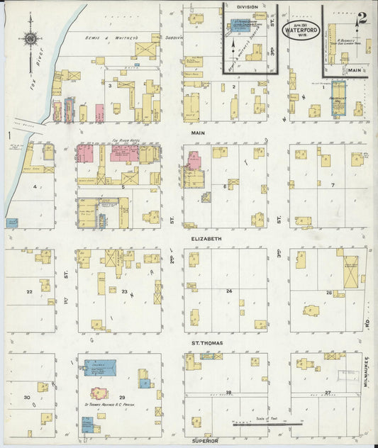 Sanborn Fire Insurance Map from Waterford, Racine County, Wisconsin (1911), Sheet #0002 - Historic Sanborn Fire Insurance Map Print, vintage old map wall art, antique decor, genealogy gift, Wisconsin Wisconsin map