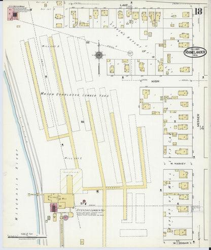 Sanborn Fire Insurance Map from Rhinelander, Oneida County, Wisconsin (1920), Sheet #0018 - Historic Sanborn Fire Insurance Map Print, vintage old map wall art, antique decor, genealogy gift, Wisconsin Wisconsin map