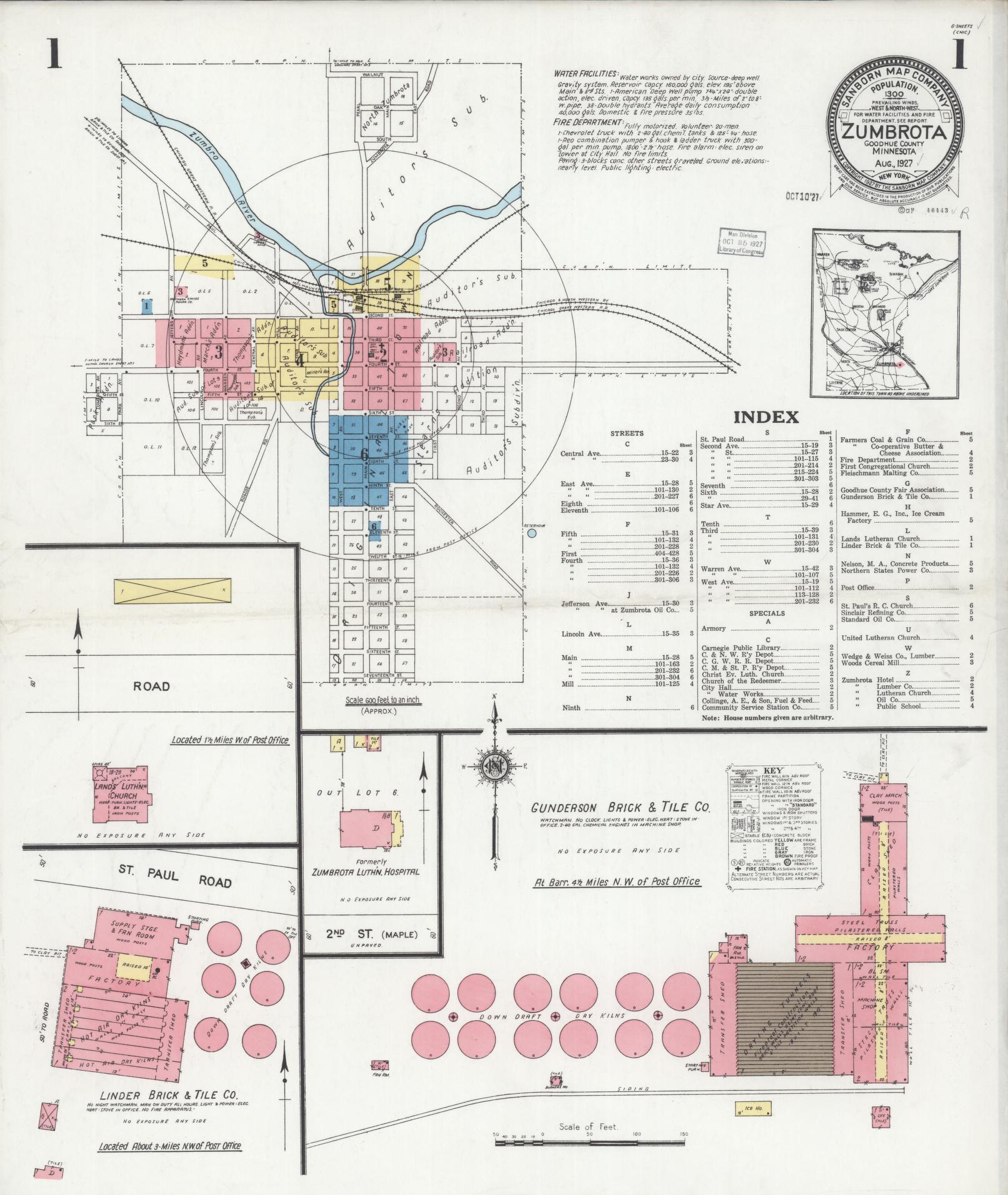 Sanborn Fire Insurance Map from Zumbrota, Goodhue County, Minnesota (1927), Sheet #0001 - Complete Map Set gallery image, historic Sanborn map, vintage wall art, Minnesota Minnesota