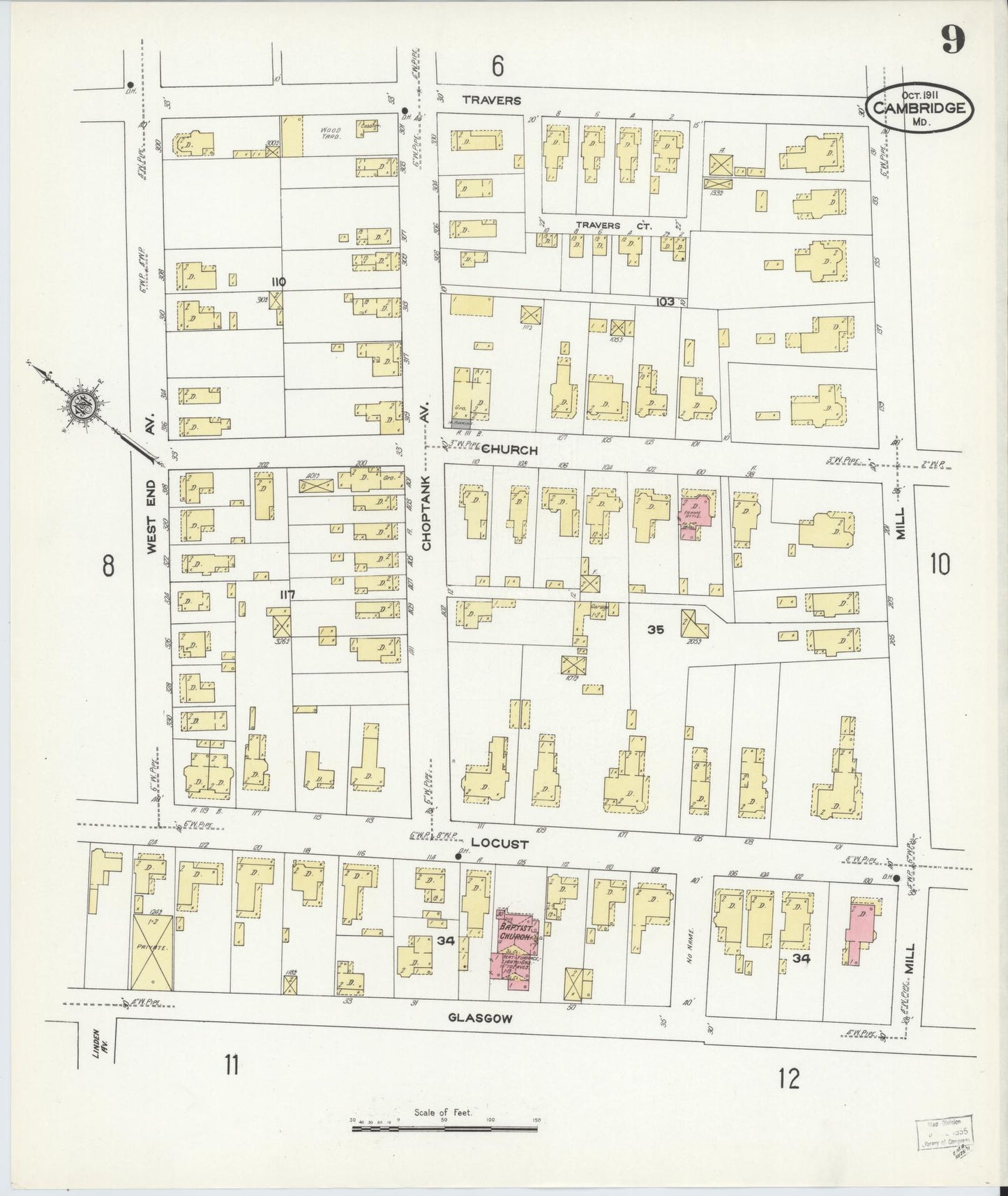 Dorchester, Maryland - 1911 - Sanborn Fire Insurance Map, Sheet #0009 - Historic Sanborn Fire Insurance Map Print, Dorchester Maryland 1911 0009 vintage old map wall art
