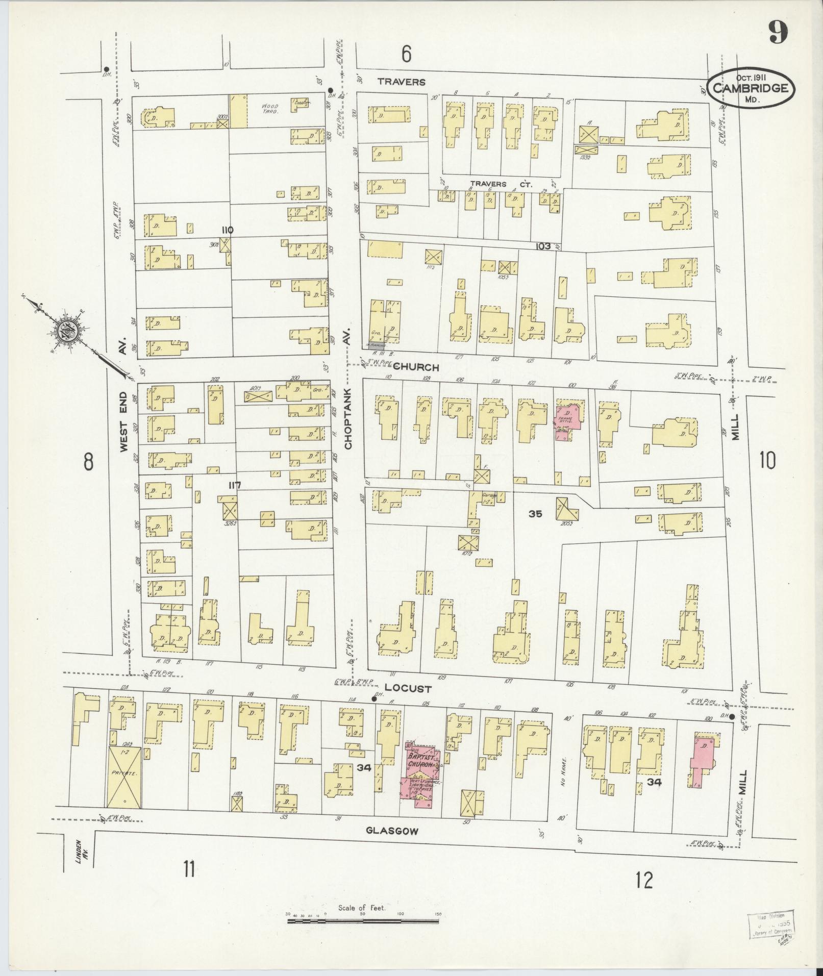 Dorchester, Maryland - 1911 - Sanborn Fire Insurance Map, Sheet #0009 - Historic Sanborn Fire Insurance Map Print, Dorchester Maryland 1911 0009 vintage old map wall art