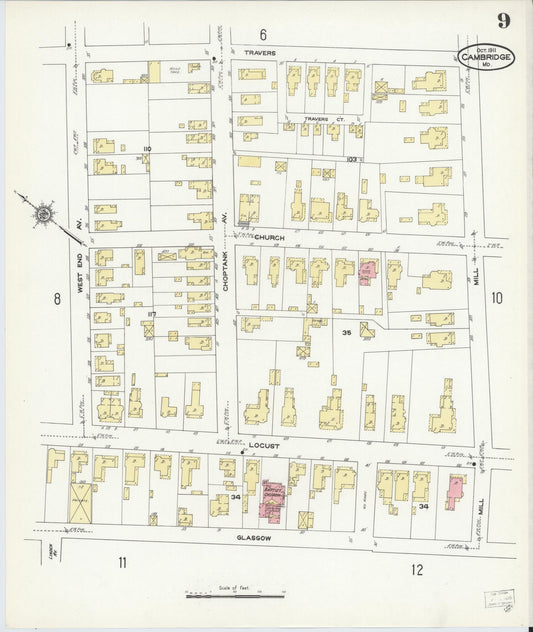 Dorchester, Maryland - 1911 - Sanborn Fire Insurance Map, Sheet #0009 - Historic Sanborn Fire Insurance Map Print, Dorchester Maryland 1911 0009 vintage old map wall art