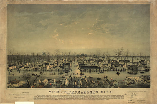 View of Sacramento City as it appeared during the great inundation in January 1850 (1850) – Historic Bird’s-Eye View Panorama Print