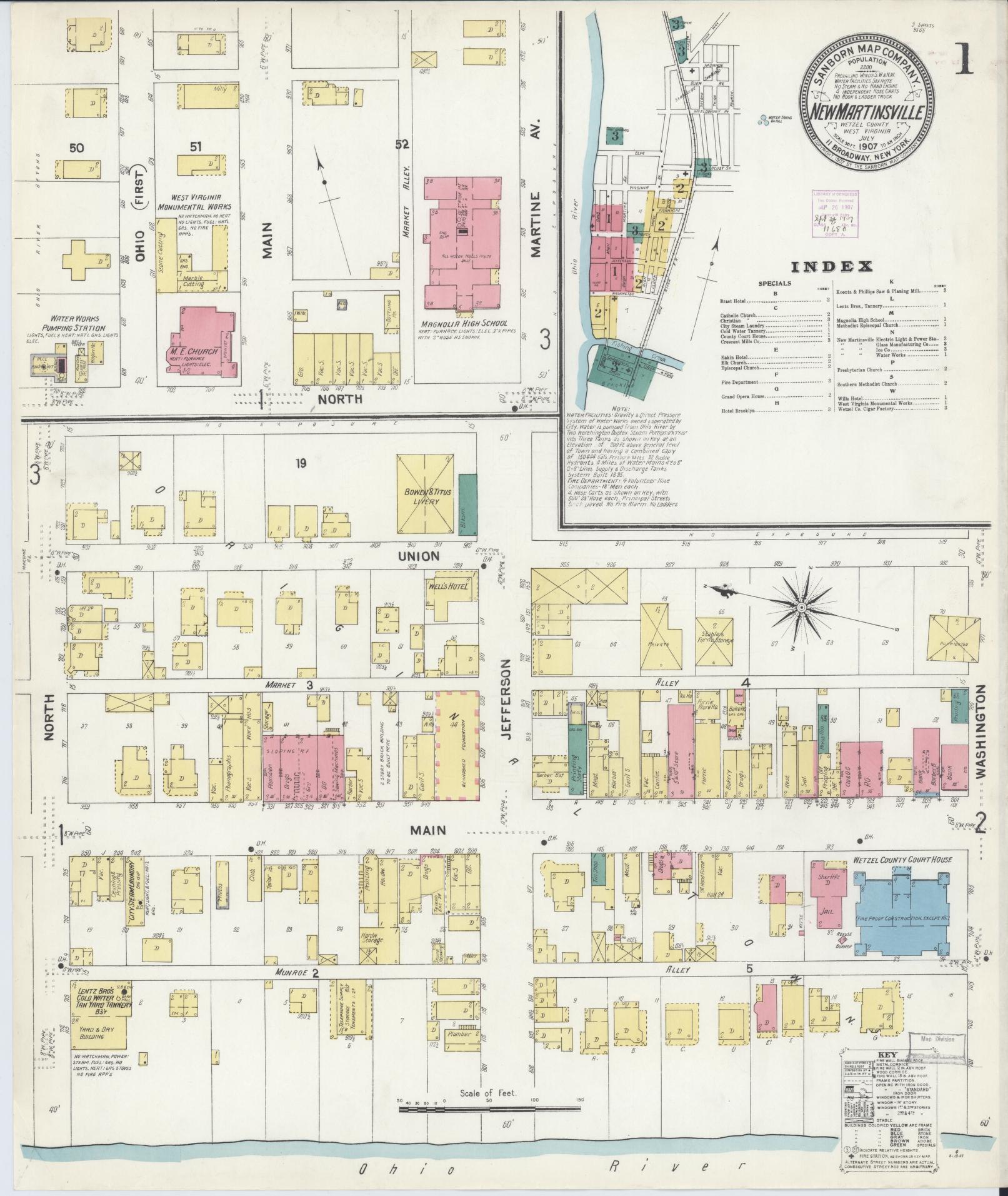 Sanborn Fire Insurance Map from New Martinsville, Wetzel County, West Virginia (1907), Sheet #0001 - Complete Map Set gallery image, historic Sanborn map, vintage wall art, West Virginia West Virginia