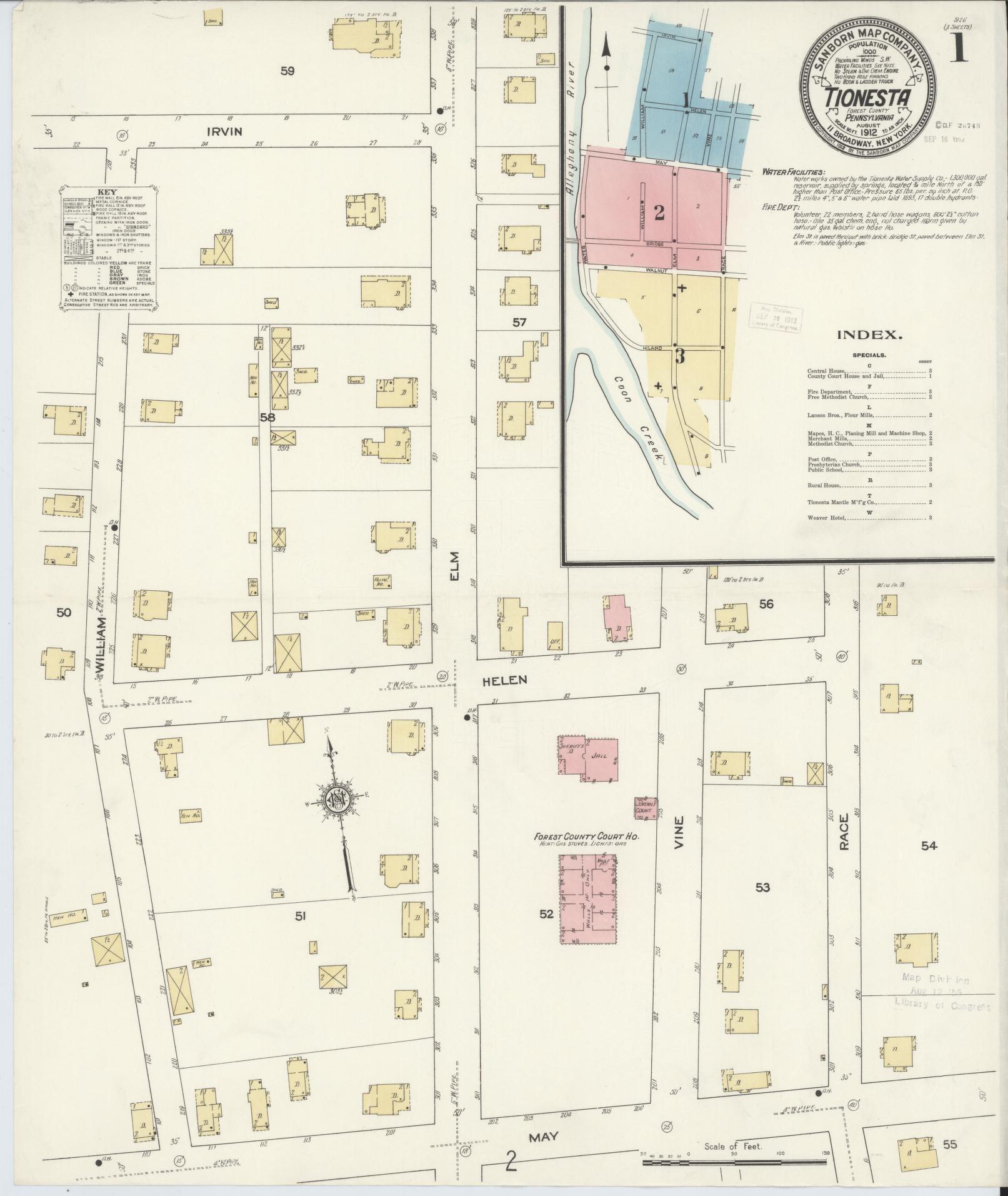 Sanborn Fire Insurance Map from Tionesta, Forest County, Pennsylvania (1912), Sheet #0001 - Historic Sanborn Fire Insurance Map Print, vintage old map wall art, antique decor, genealogy gift, Pennsylvania Pennsylvania map