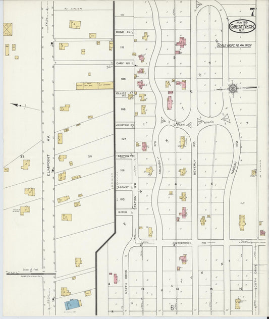 Sanborn Fire Insurance Map from Great Neck, Nassau County, New York (1919), Sheet #0007 - Historic Sanborn Fire Insurance Map Print, vintage old map wall art, antique decor, genealogy gift, New York New York map