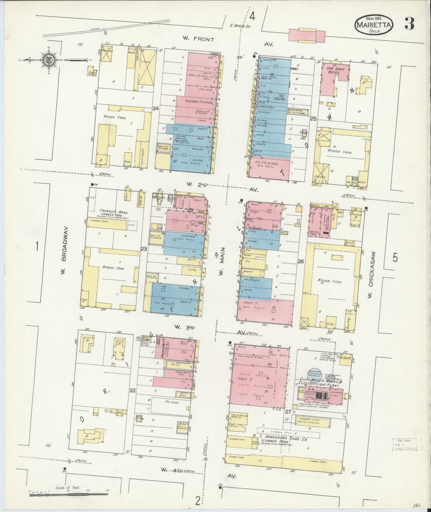 Sanborn Fire Insurance Map from Marietta, Love County, Oklahoma (1914), Sheet #0003 - Complete Map Set gallery image, historic Sanborn map, vintage wall art, Oklahoma Oklahoma