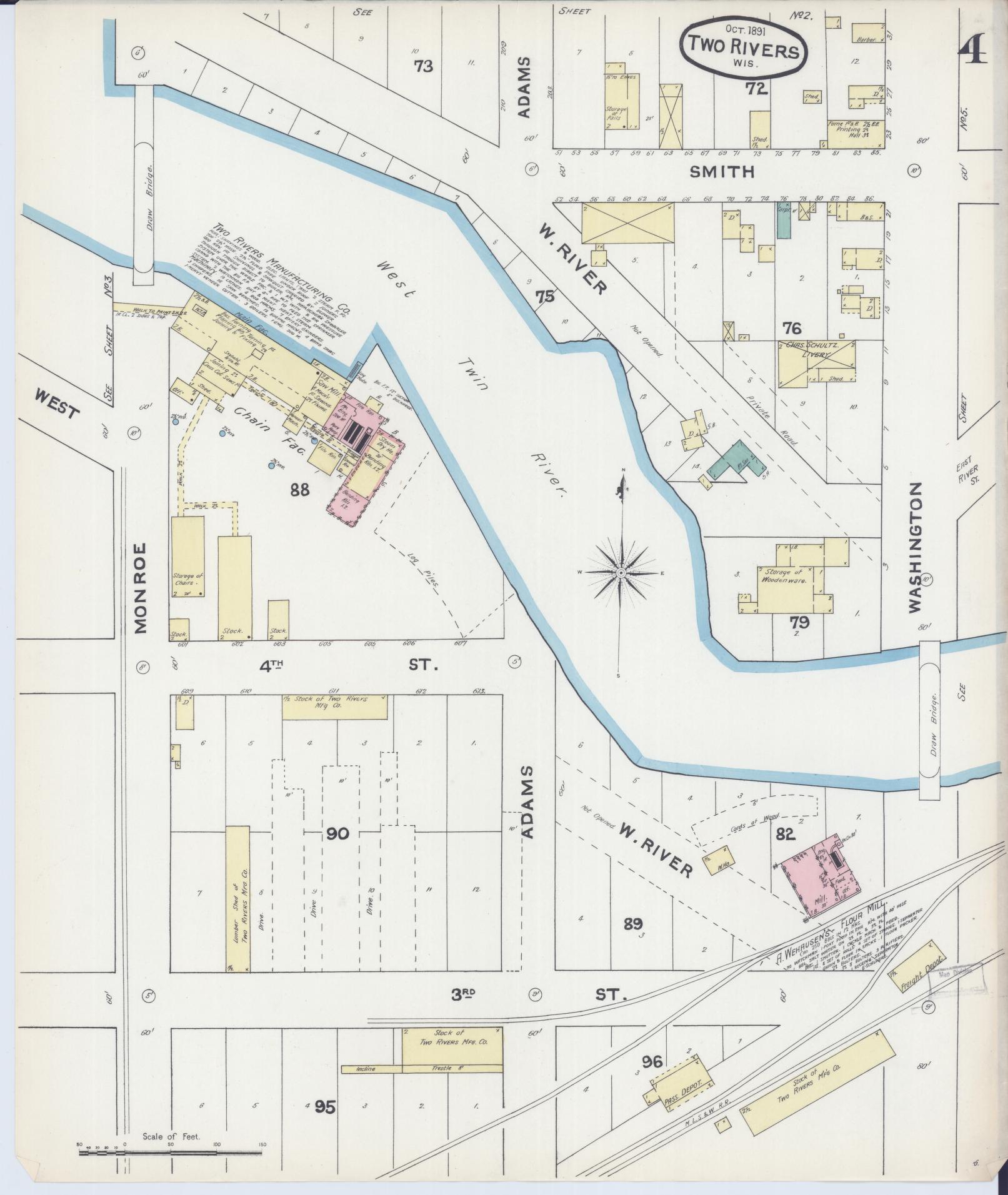Sanborn Fire Insurance Map from Two Rivers, Manitowoc County, Wisconsin (1891), Sheet #0004 - Complete Map Set gallery image, historic Sanborn map, vintage wall art, Wisconsin Wisconsin