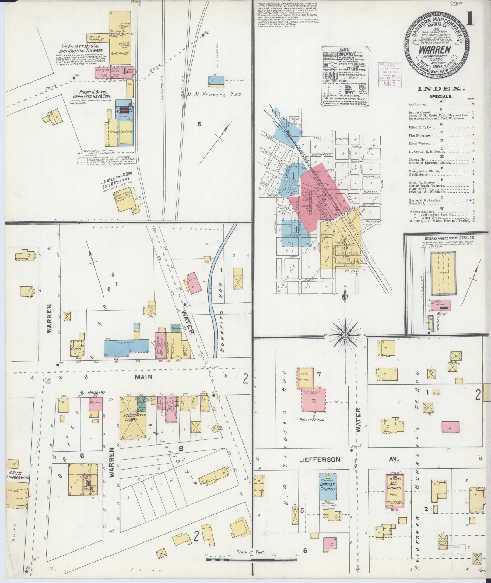 Sanborn Fire Insurance Map from Warren, Jo Daviess County, Illinois (1904), Sheet #0001 - Complete Map Set gallery image, historic Sanborn map, vintage wall art, Illinois Illinois