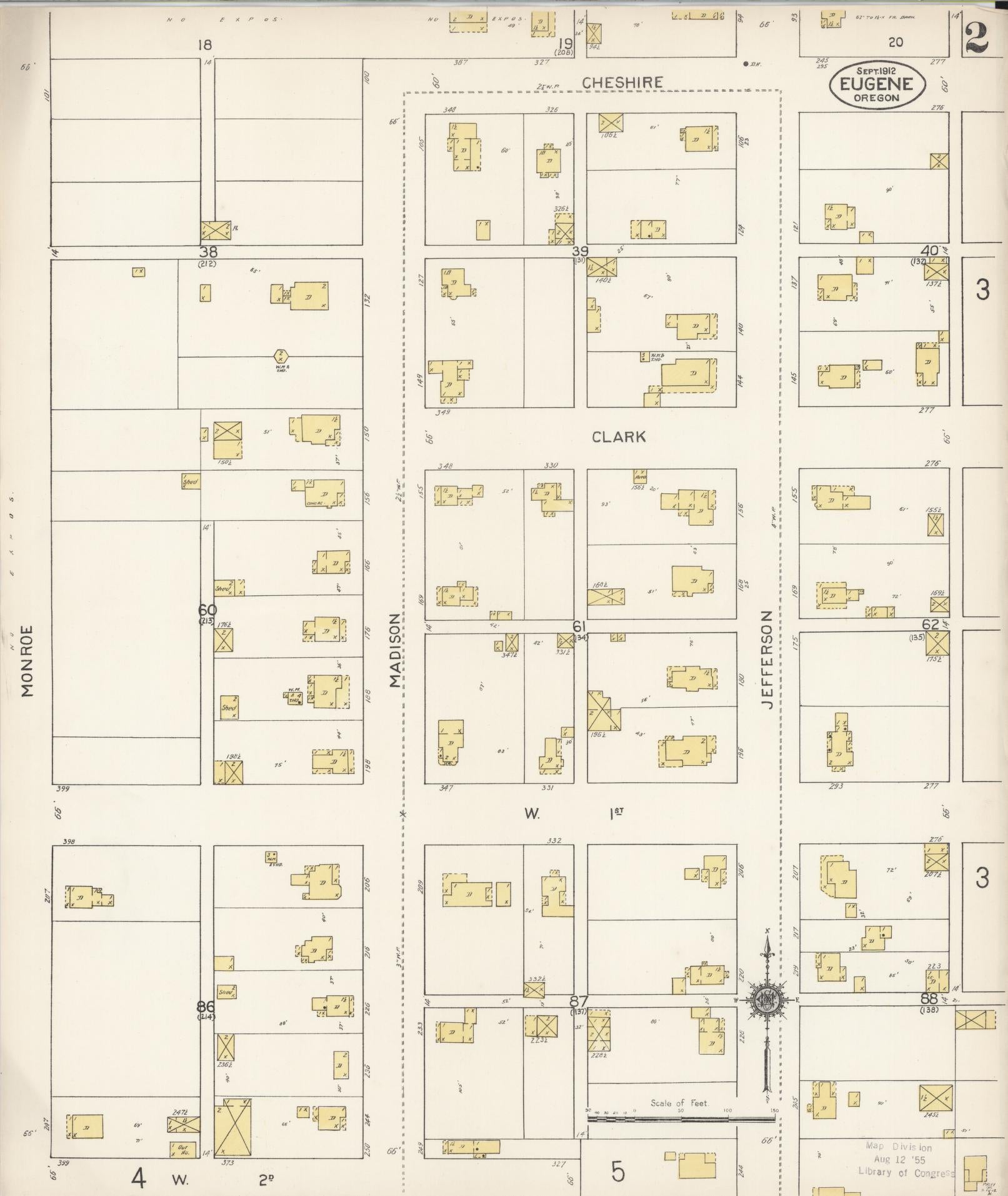 Sanborn Fire Insurance Map from Eugene, Lane County, Oregon (1912), Sheet #0002 - Historic Sanborn Fire Insurance Map Print, vintage old map wall art, antique decor, genealogy gift, Oregon Oregon map
