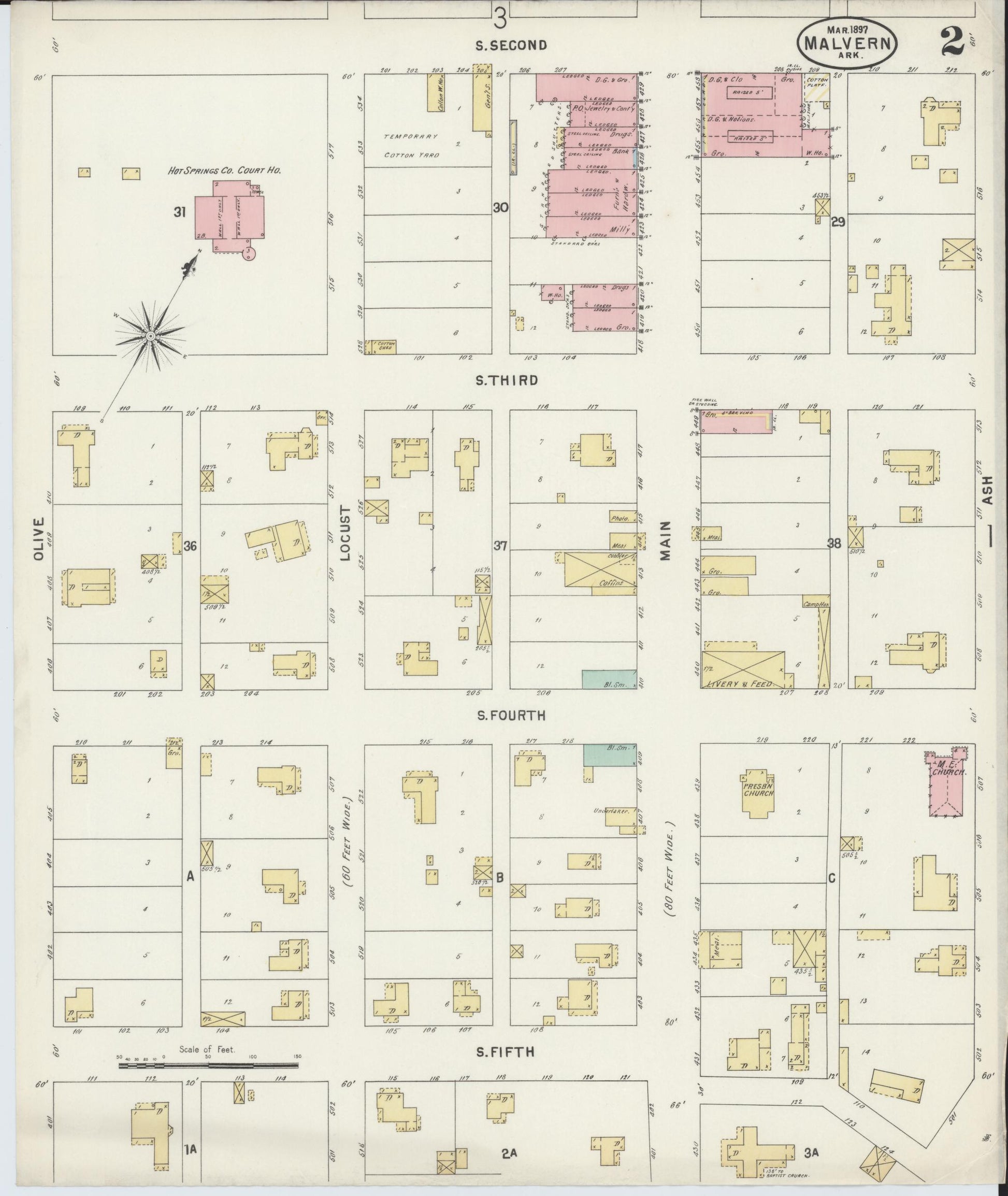 Sanborn Fire Insurance Map from Malvern, Hot Springs County, Arkansas (1897), Sheet #0002 - Complete Map Set gallery image, historic Sanborn map, vintage wall art, Arkansas Arkansas