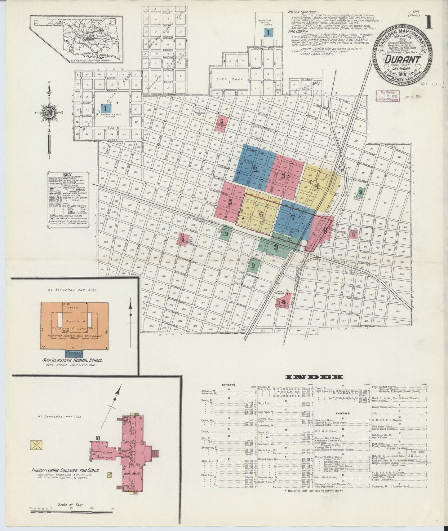 Sanborn Fire Insurance Map from Durant, Bryan County, Oklahoma (1913), Sheet #0001 - Complete Map Set gallery image, historic Sanborn map, vintage wall art, Oklahoma Oklahoma
